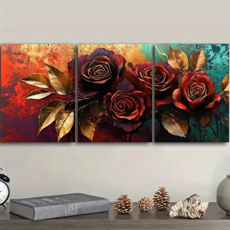 3-Piece Golden Leaf Rose Painting Metal Print - Ready to Hang Wall Art for Living Room, Bedroom & Office Decor