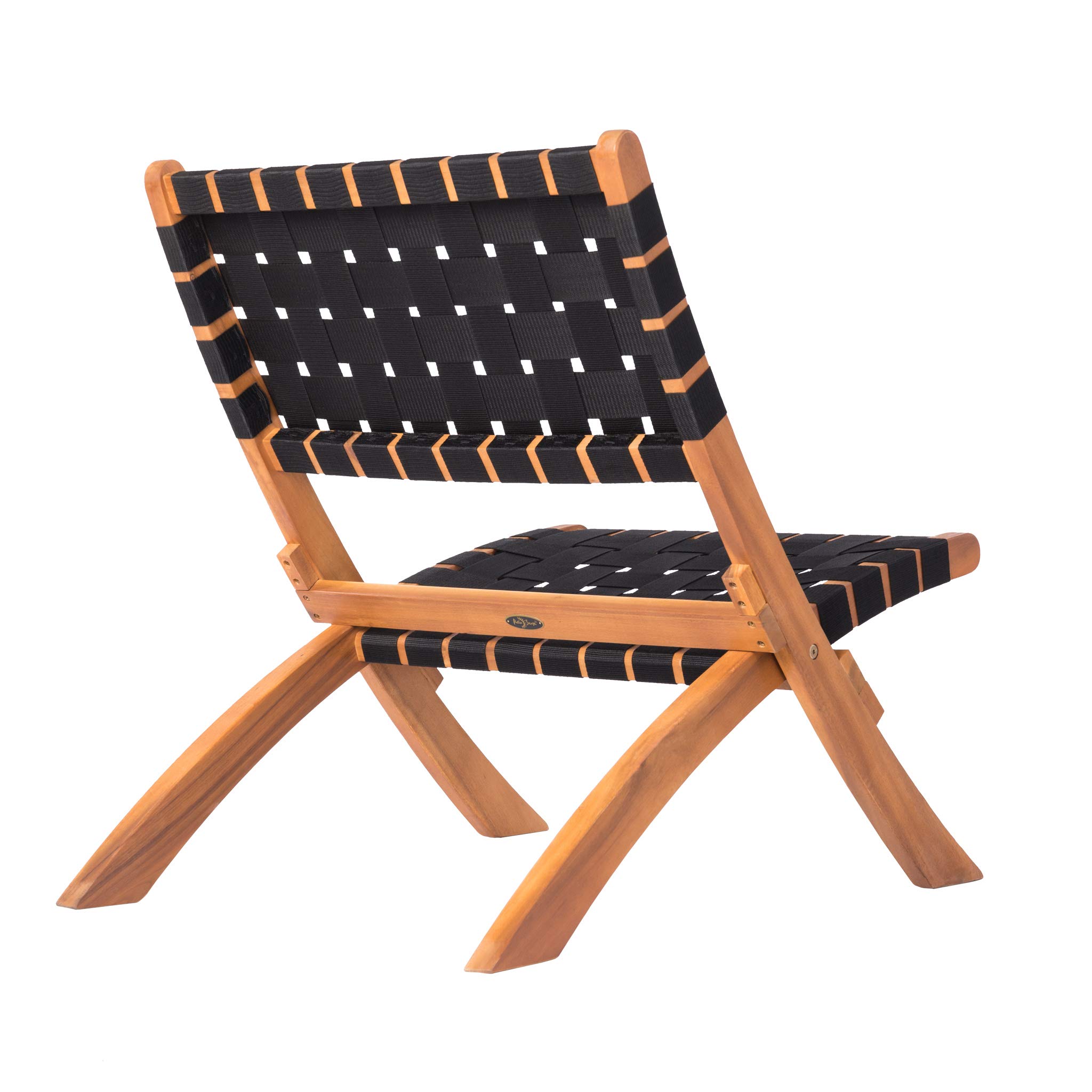 Patio Sense 62774 Sava Folding Chair - Solid Acacia Wood with Woven Seat & Back - Indoor Outdoor Portable Low Slung Chair for Porch, Lawn, Garden, Fishing & Sporting Events - Black Webbing - Perfect for Camping, Picnics, and Backyard Relaxation