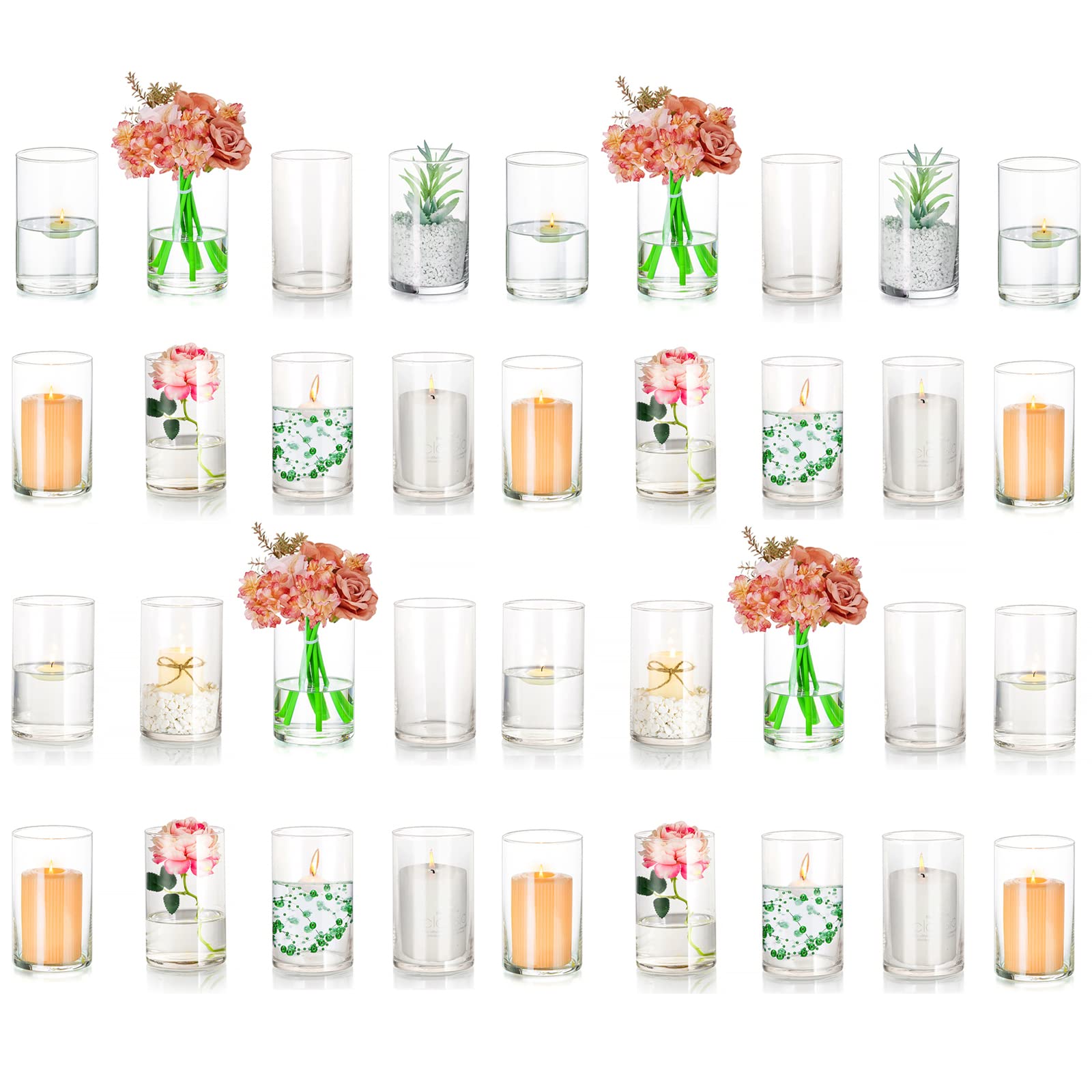 36-Piece Glass Hurricane Candle Holder Set - Clear Tall Round Vases for Wedding Centerpieces, Cylinder Votive Candle Holders for Floating & Pillar Candles - Perfect for Home Decor, Dining Table, and Romantic Ambiance