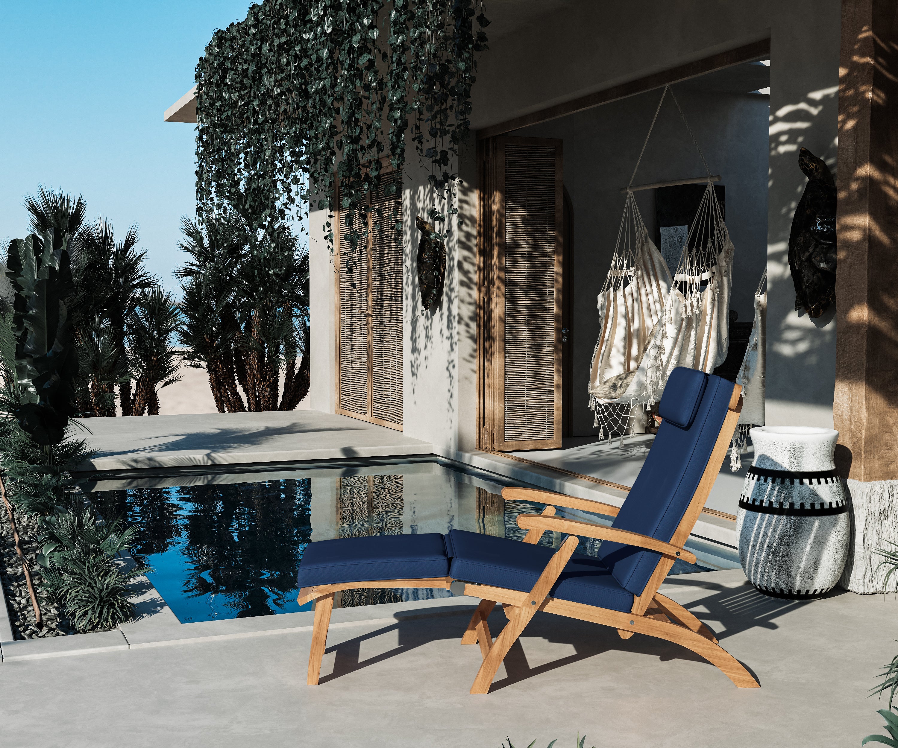 **Adelle Teak Outdoor Folding Lounge Deck Chair with Sunbrella Navy Cushion – Patio, Poolside & Beach Relaxation**