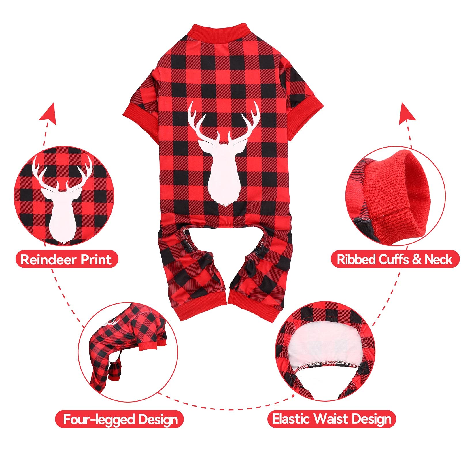 Buffalo Plaid & Reindeer Print Dog Pajamas - Super Soft Stretchy Christmas Onesie for Small Dogs (XS) | Cozy Winter Sleepwear & Holiday Pet Costume