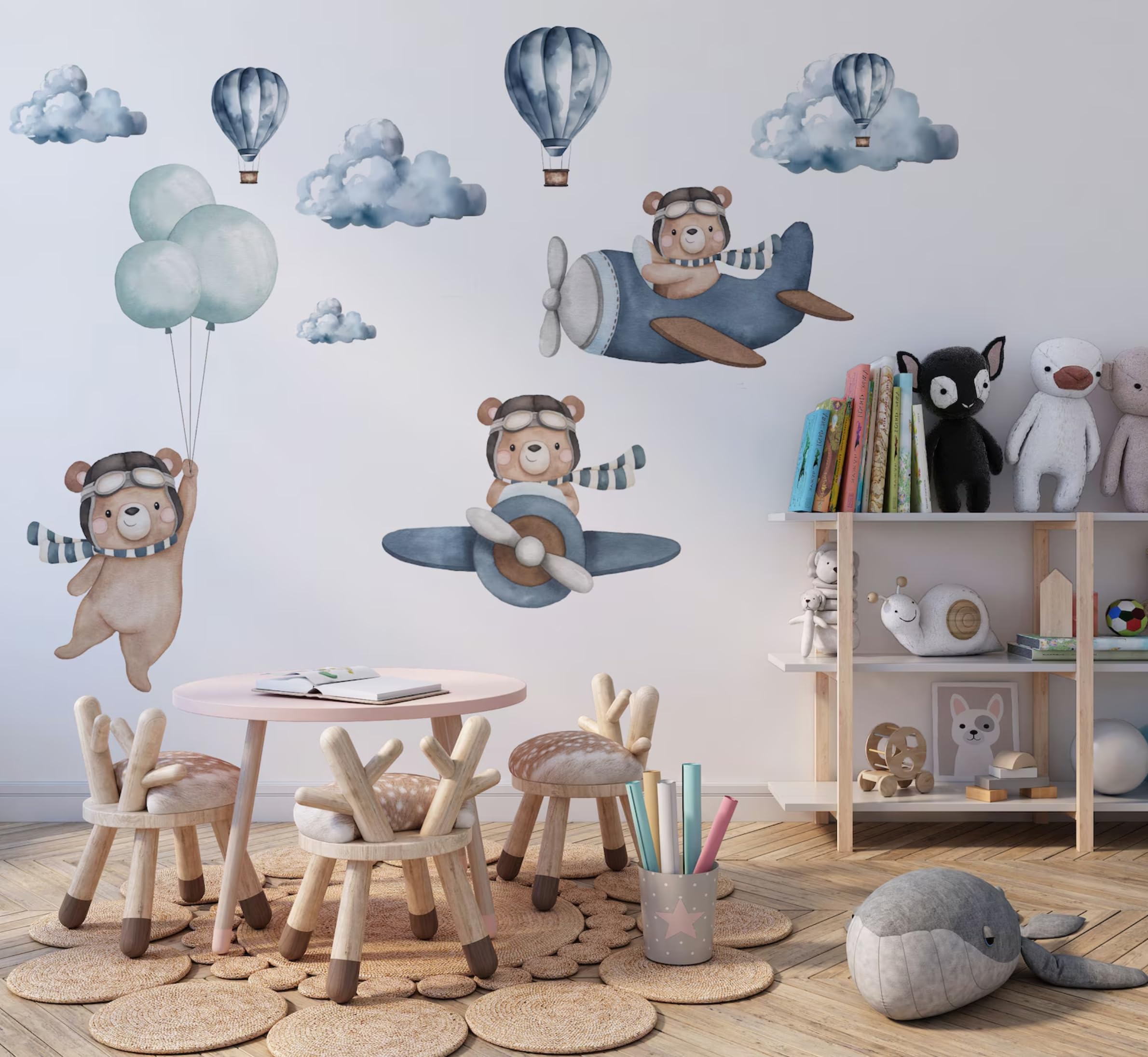 Large Bear & Airplanes Wall Stickers for Kids Room Decor - Removable Nursery Wall Decals with Hot Air Balloon Design - Playroom & Bedroom Wall Art for Boys & Girls - Perfect for Baby Rooms, Toddler Play Areas & Kids Bedroom Decor