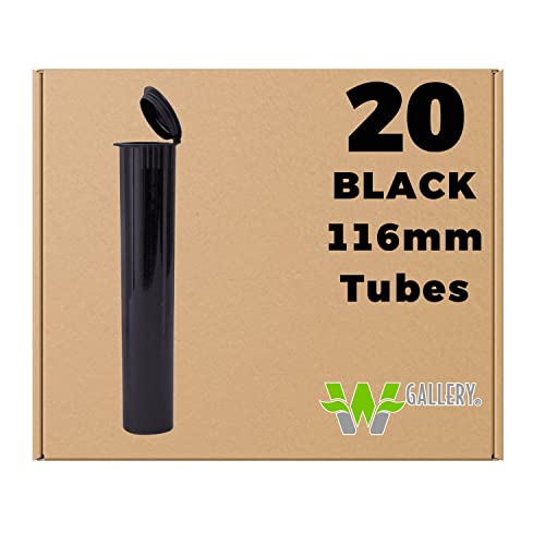 W Gallery 20-Pack Black 116mm Smell-Proof Pop Top Tubes - Pre-Roll Blunt & Oil Cartridge Storage - BPA-Free Plastic Container for RAW Cones (110mm, 109mm, 98 Special) & King Lean 120mm - Perfect for Travel & Discreet Cannabis Storage