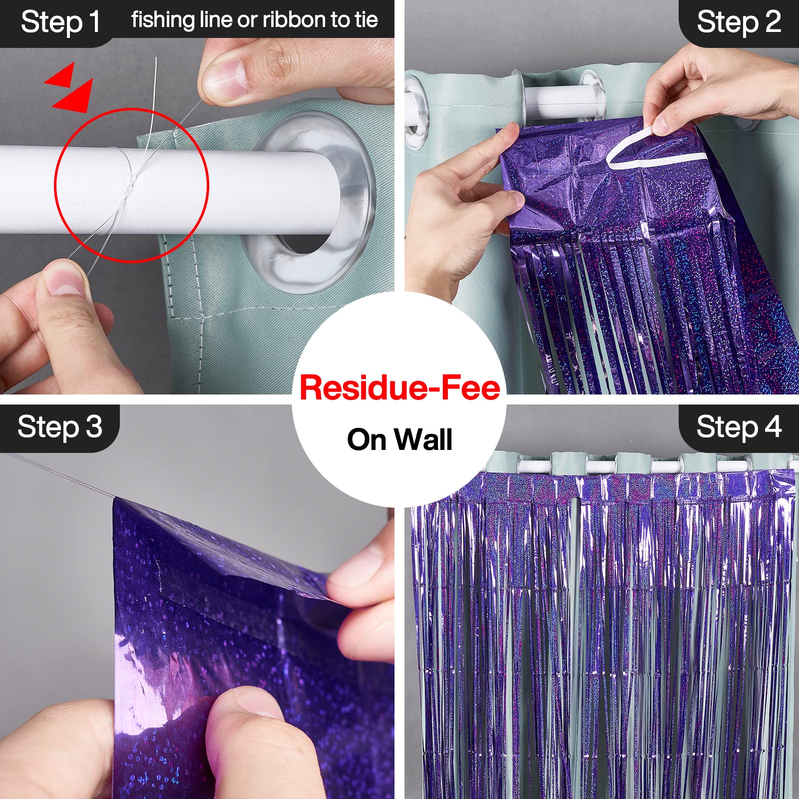 PartyWoo 2 Pack Purple Foil Fringe Curtains - Metallic Tinsel Fringe Backdrop for Doors & Walls - Mermaid Birthday Party Decorations, Bachelorette Party Supplies, Photo Booth Background - Perfect for Baby Showers, Wedding Receptions & Holiday Celebrations