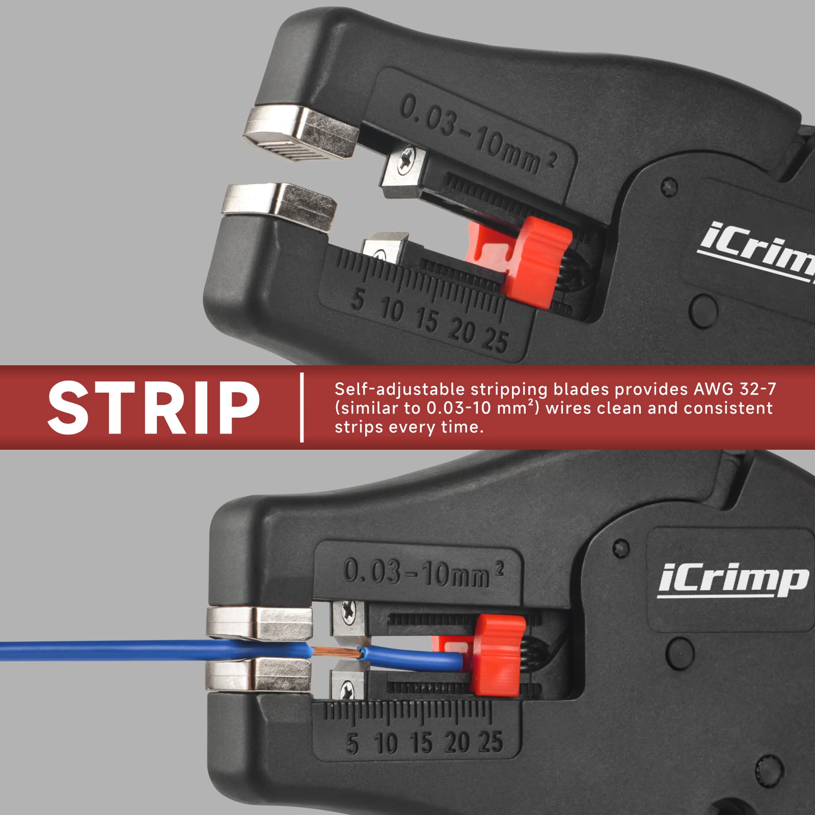 iCrimp Automatic Wire Stripper with Built-in Cutter - Multifunctional Wire Stripping & Cutting Tool for AWG 32-7 (0.03-10mm²) - Perfect for Electrical Work, DIY Projects, and Professional Installations