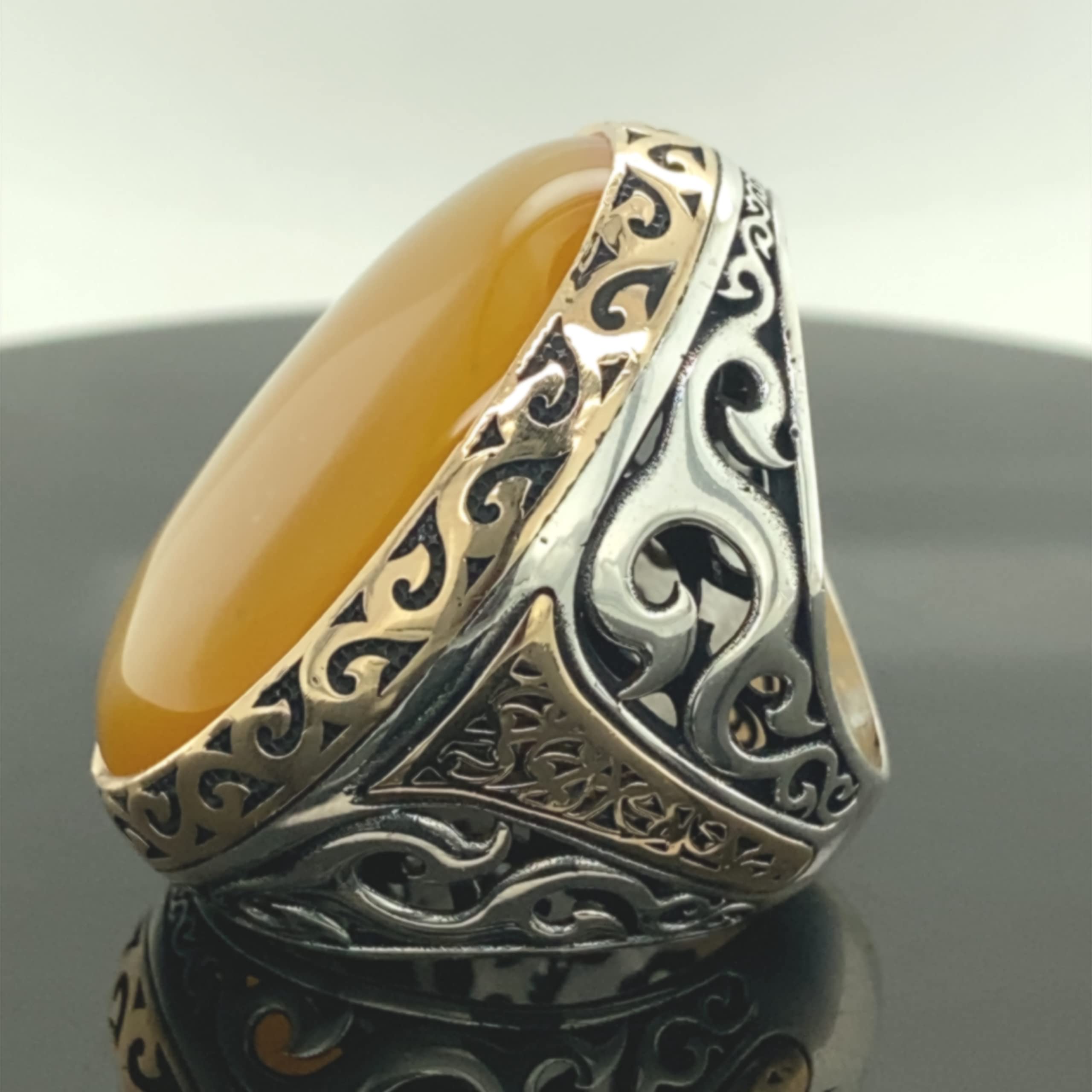 Handmade Men's Agate Stone Ring - Large Yellow Agate Ottoman Style 925 Sterling Silver Jewelry for Men | Perfect Gift for Him, Birthday, Anniversary & Special Occasions | Ideal for Weddings, Parties & Everyday Wear