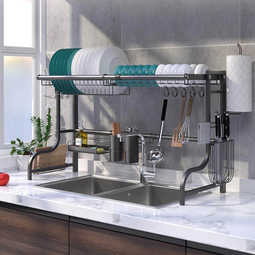Stretchable Stainless Steel Dish Drying Rack (57-93cm) - 2-Tier Over Sink Dish Drainer with Utensil Baskets & Hooks - Perfect for Plates, Bowls, Pots Storage - Space Saving Kitchen Countertop Organizer for Small Apartments & Compact Kitchens