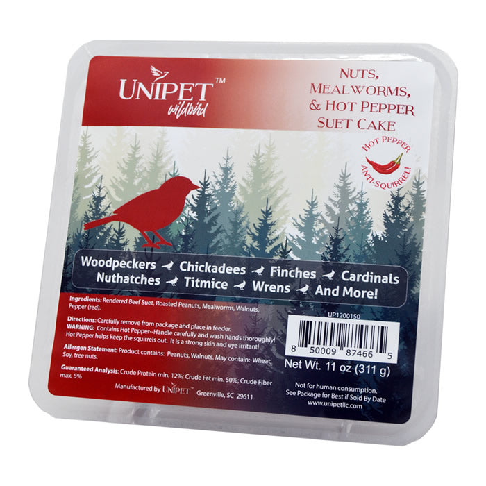 Hot Pepper Suet Cakes with Nuts & Mealworms - 12 Pack | High-Energy Bird Food for Woodpeckers & Wild Birds | Perfect for Backyard Feeders & Winter Bird Feeding