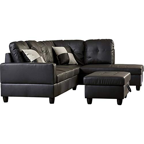 3-Piece Black Leather Sectional Sofa Set with Storage Ottoman - Left-Hand Facing Living Room Couch for Apartment, Bedroom & Small Spaces - Modern Comfortable Seating for Family Gatherings & Movie Nights