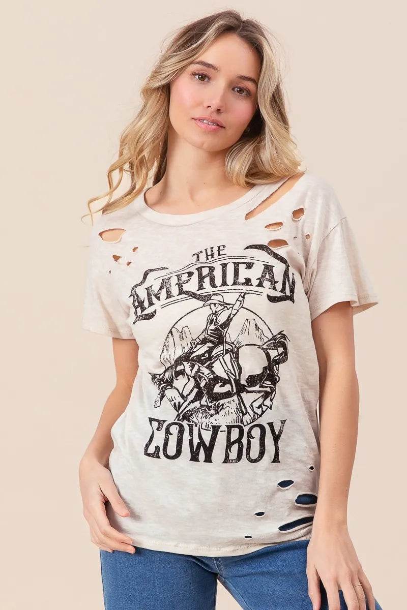 BiBi Cotton Slub Laser Top - Vintage American Cowboy Graphic Tee for Men & Women | Casual Streetwear, Western Style Fashion, Music Festival Outfit