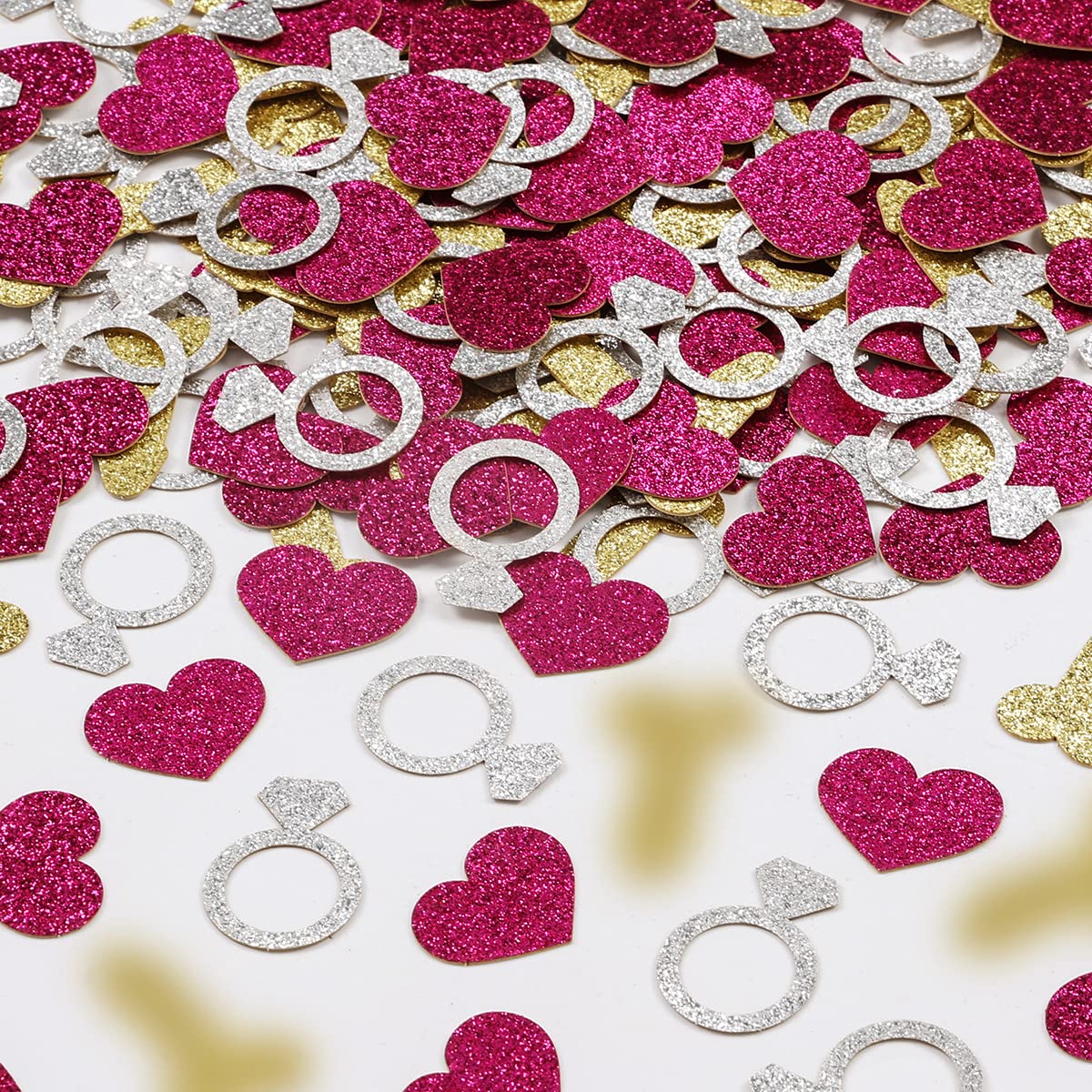 200 Pack Glitter Silver Diamond Ring & Hot Pink Heart Confetti - Bachelorette Party Decorations, Bridal Shower, Wedding & Engagement Party Supplies | Perfect for Table Scatter, Photo Backdrops & Celebration Decor