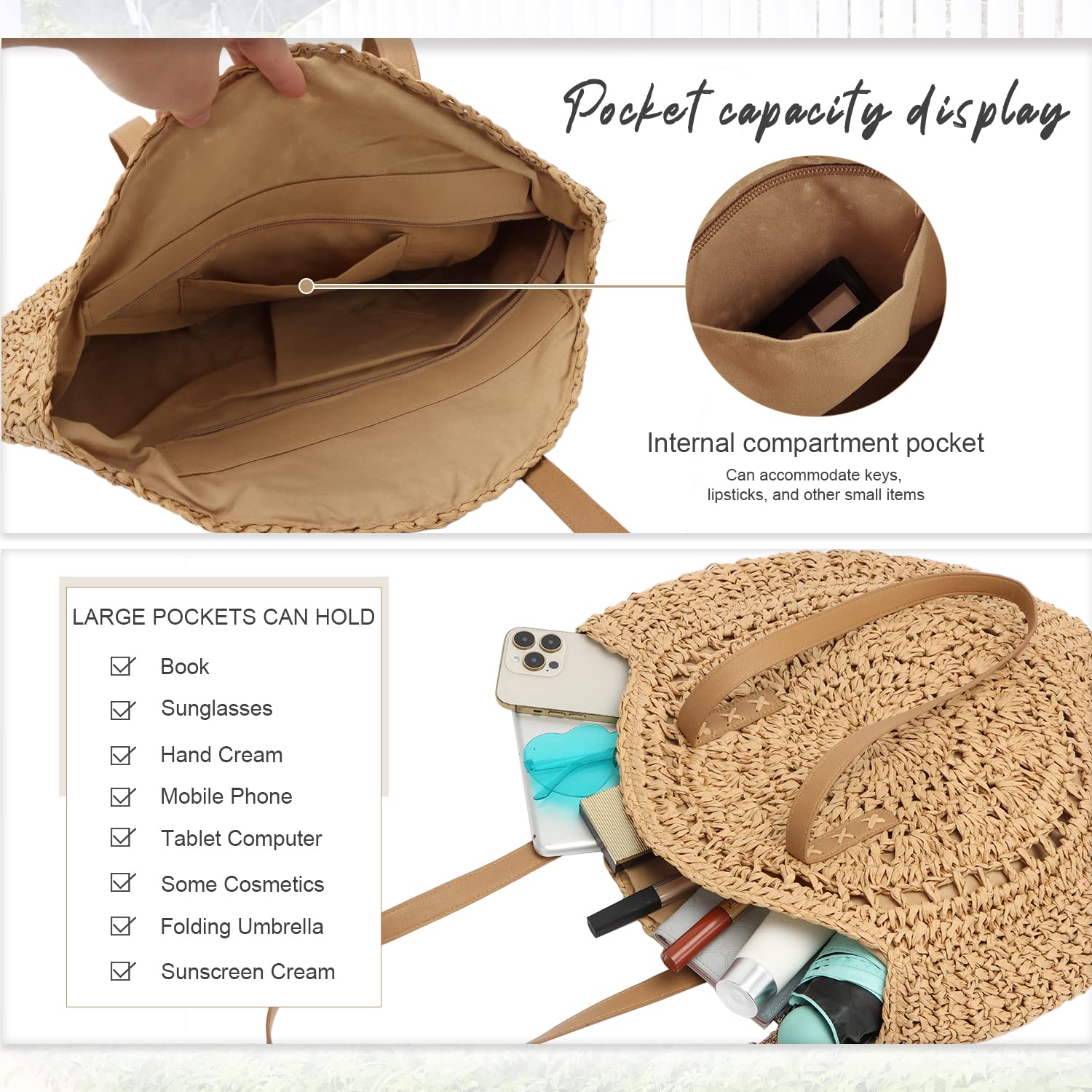 Stylish Women's Straw Round Handwoven Beach Tote Bag - Natural Boho Summer Shoulder Bag for Vacation, Travel, Picnic & Outdoor Activities