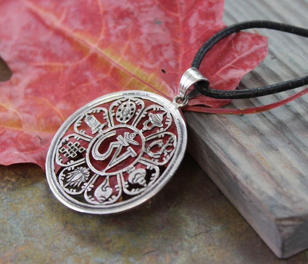 Handmade Sterling Silver Om 8 Auspicious Symbols Pendant Necklace - Spiritual Jewelry for Meditation, Yoga & Blessing Gifts