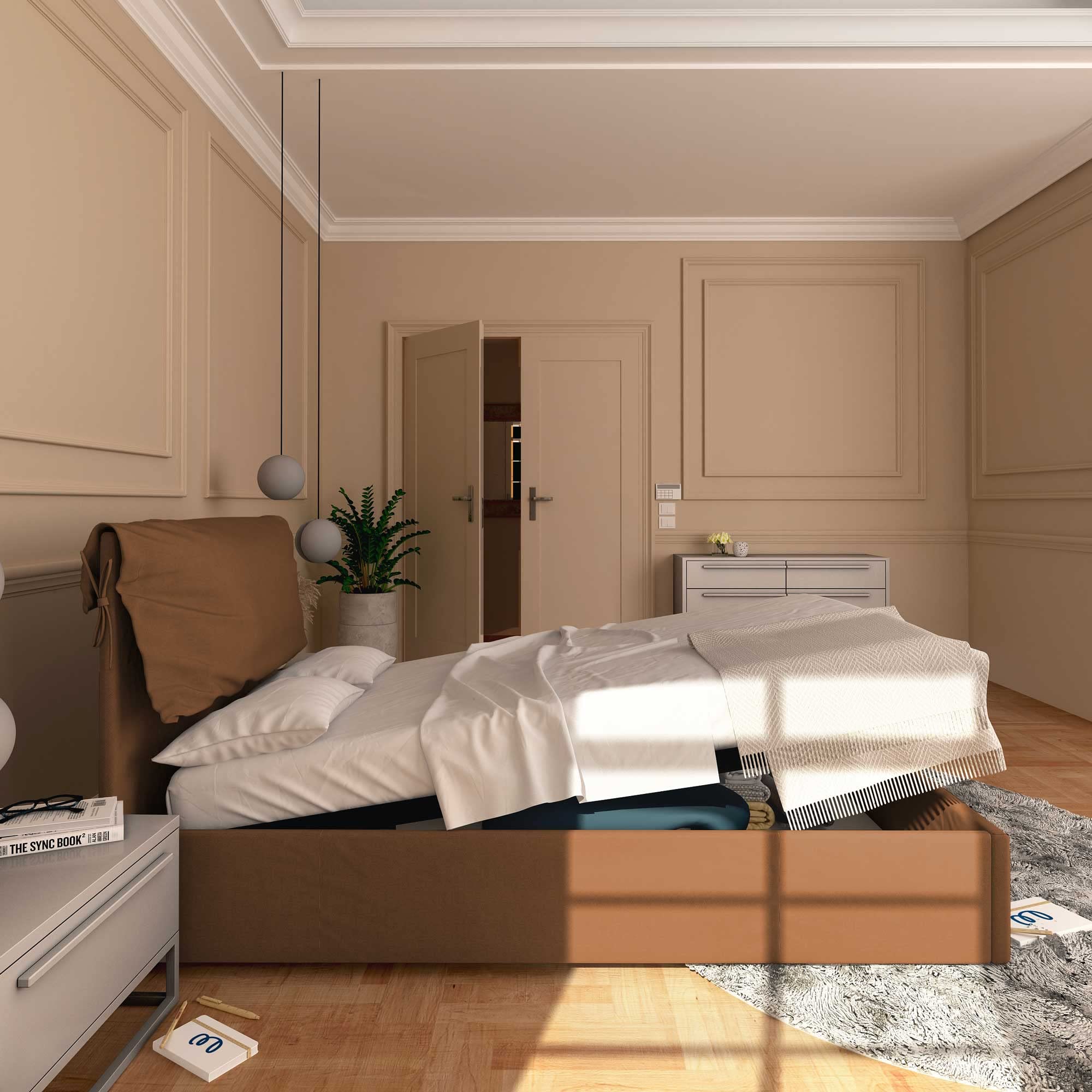 Baldiflex Single Bed with Storage - Licia Soft Synthetic Leather, Slatted Base for Single Mattress, 120 x 200 cm, Padded Headboard, Brown - Perfect for Small Bedrooms, Guest Rooms & Studio Apartments