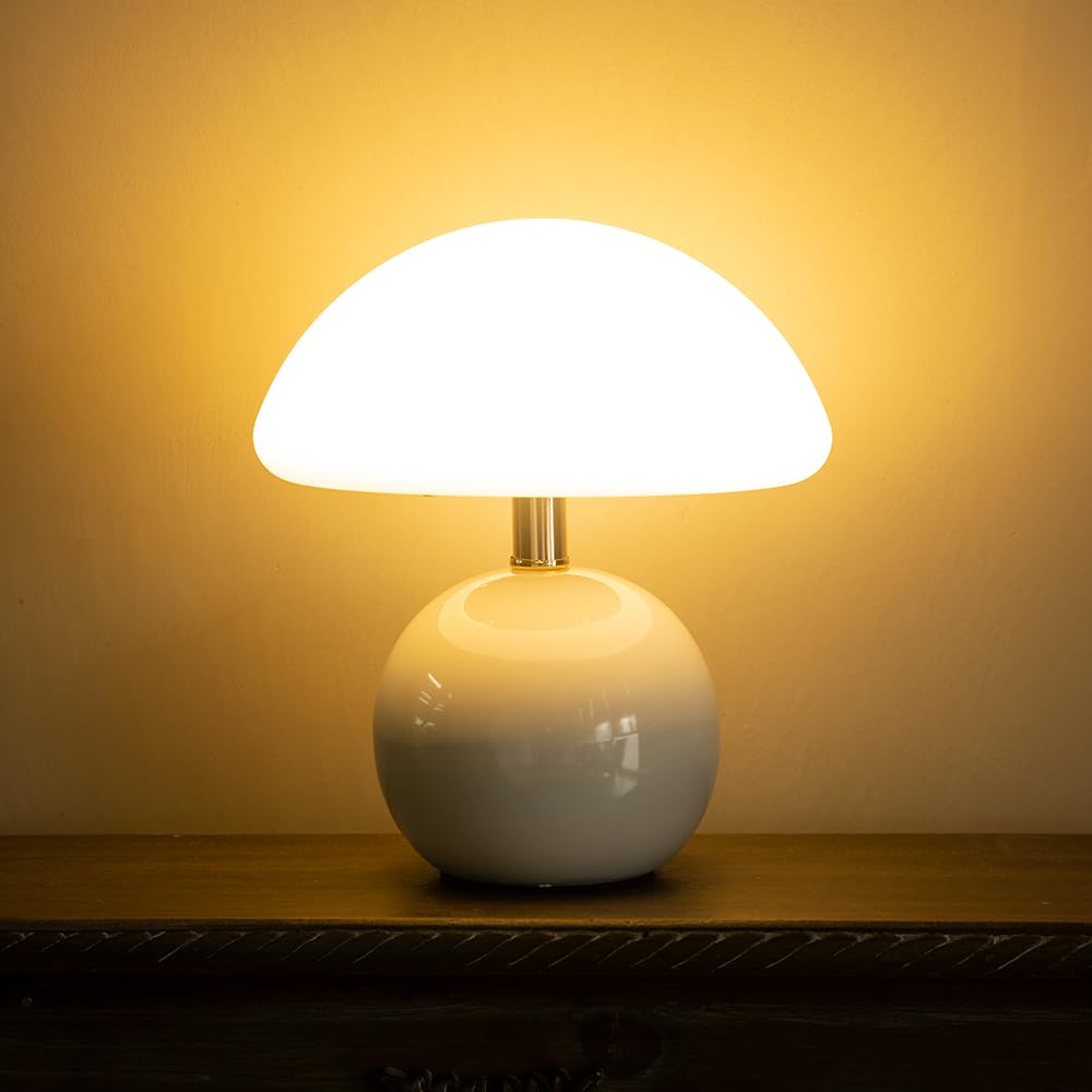 Mushroom Table Lamp - Modern Ceramic Nightstand Lamp with Dimmable Night Light, Plastic Shade, White Aesthetic Bedside Lamp for Unique Home Decor, Perfect for Bedrooms, Living Rooms, and Offices