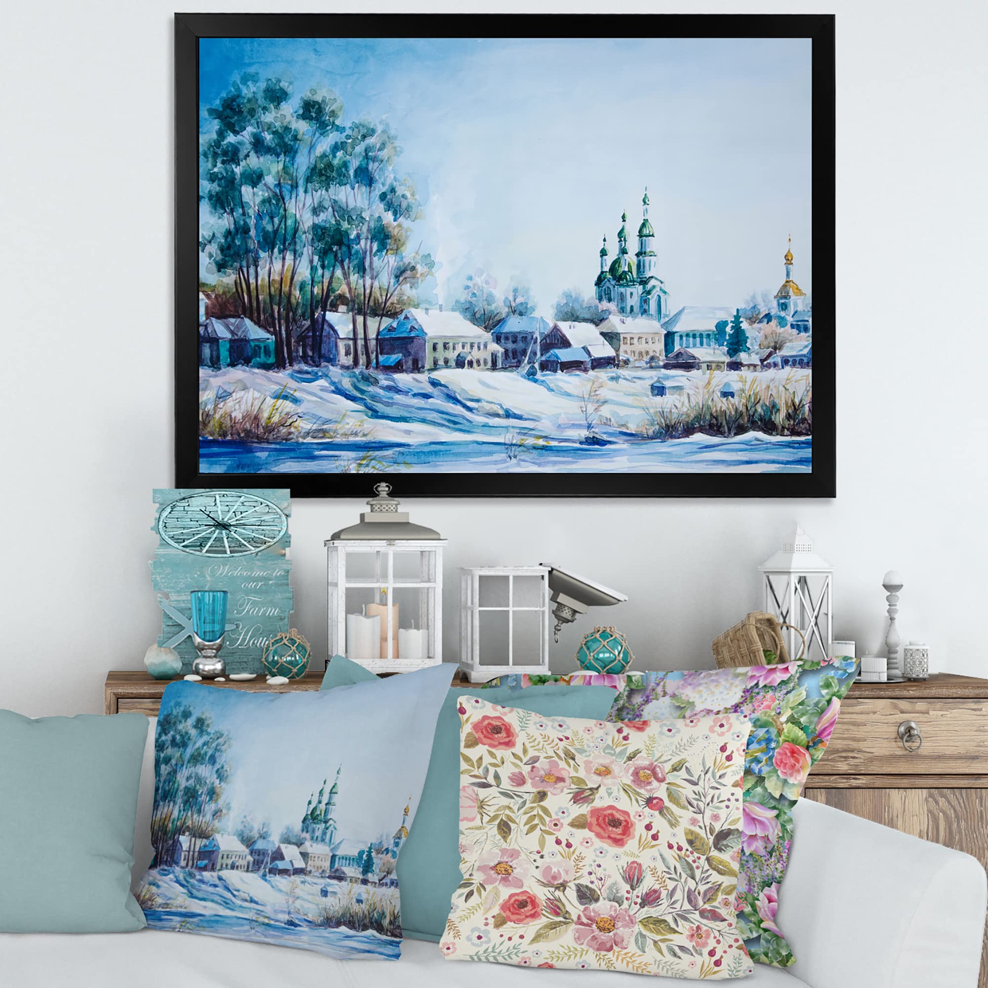 DesignQ Small Town Winter Scene Traditional Framed Wall Art - Perfect for Living Room, Bedroom & Office Decor