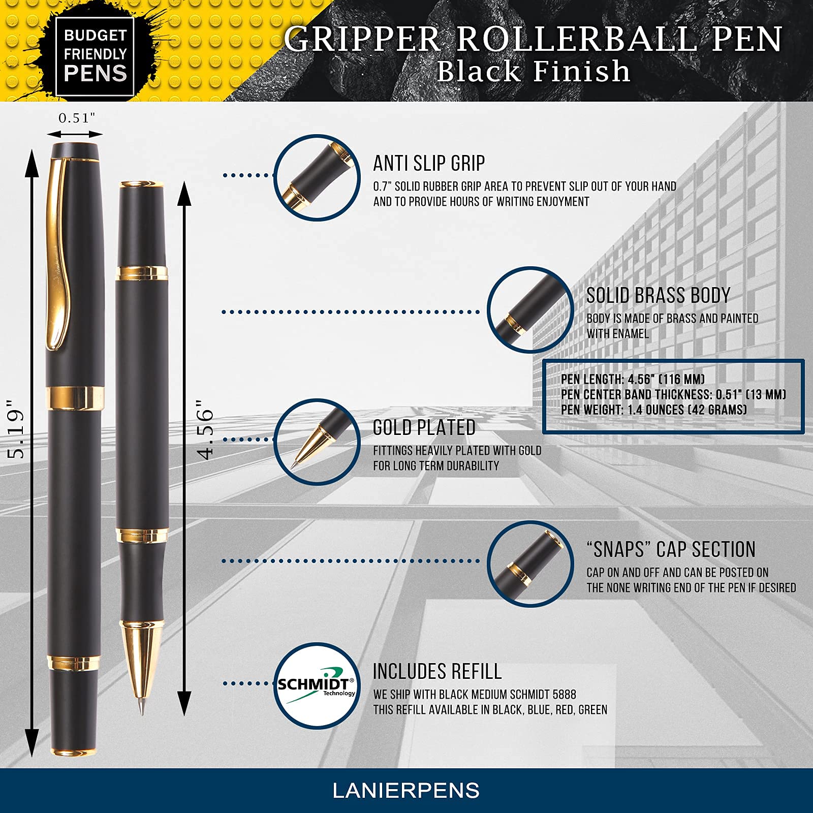 Premium Gripper Black Roller Ball Pens - Smooth Writing 0.7mm Fine Point - Comfort Grip for Office, School & Note Taking - Pack of 12