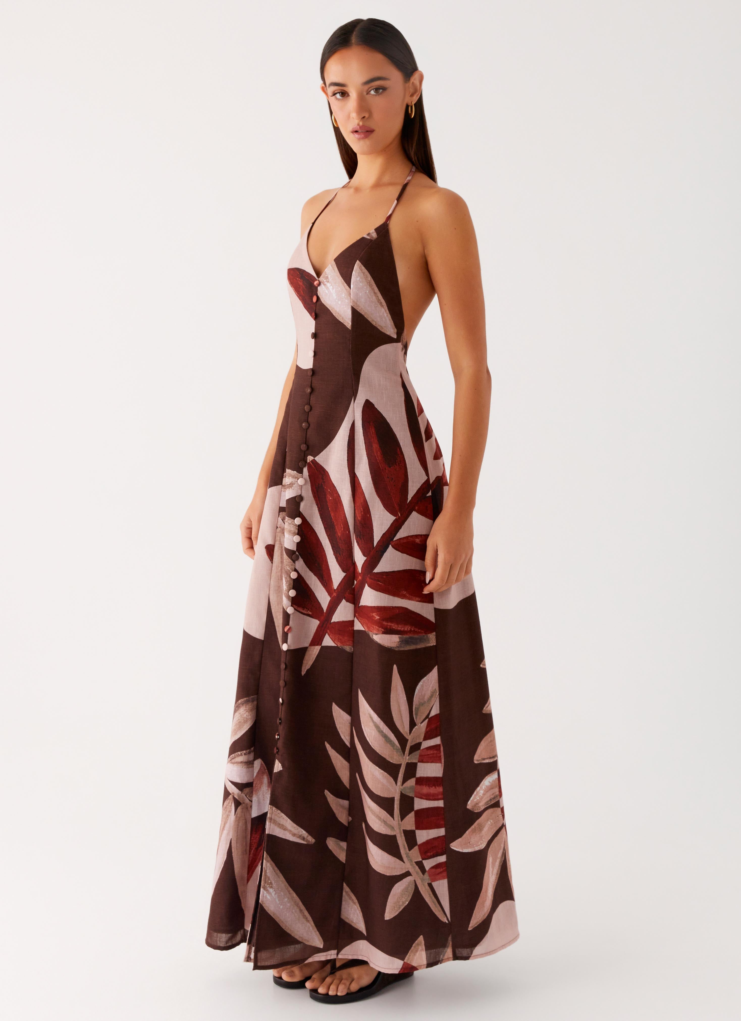 Elegant Autumn Linen Maxi Dress with Cinnamon Palm Print - Perfect for Fall Weddings, Beach Vacations & Boho Fashion
