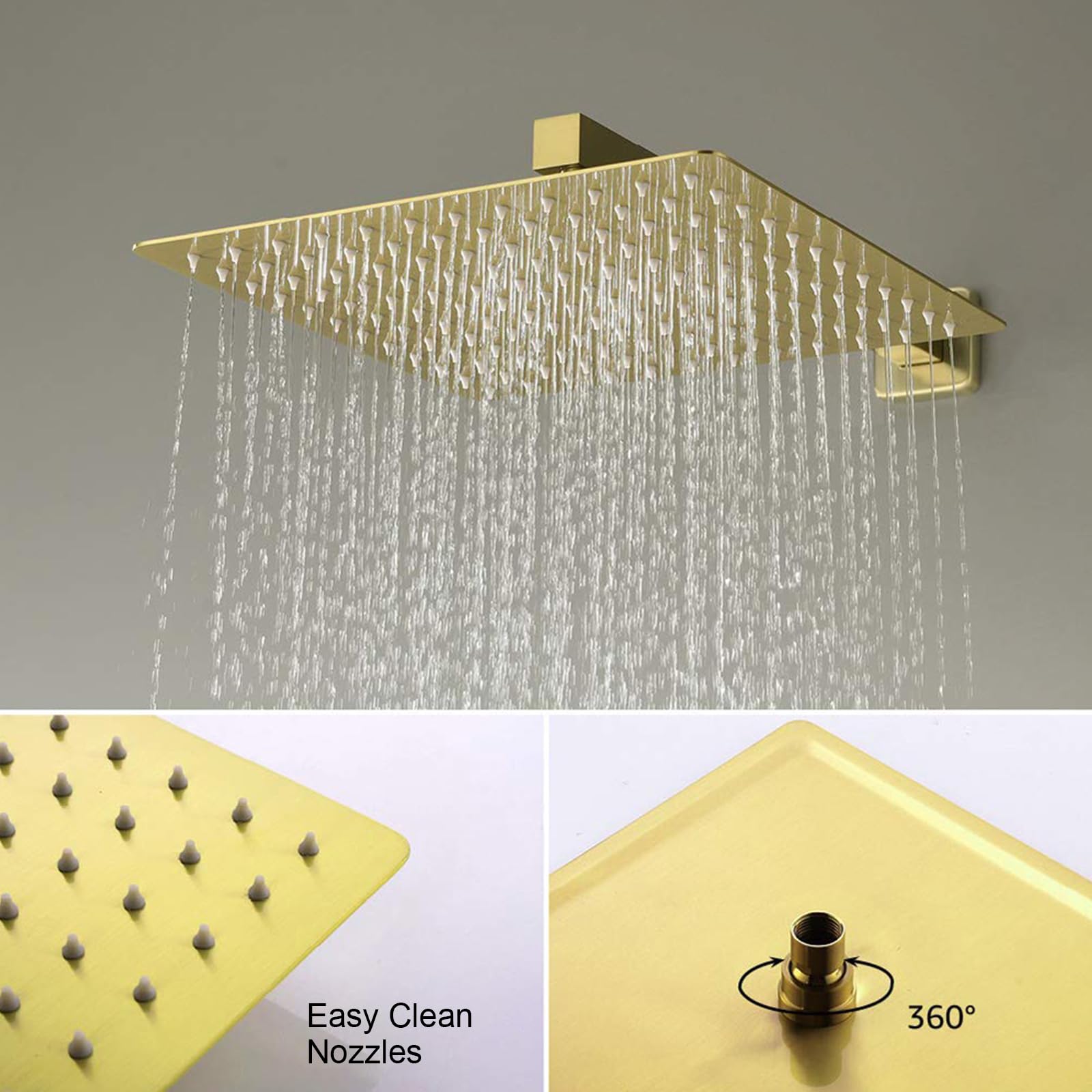 12 Inch High Pressure Rainfall Shower System with Handheld Shower Head & Bathtub Faucet - 3 Function Shower Valve Trim Kit in Brushed Gold - Perfect for Modern Bathroom Renovation and Spa-Like Shower Experience