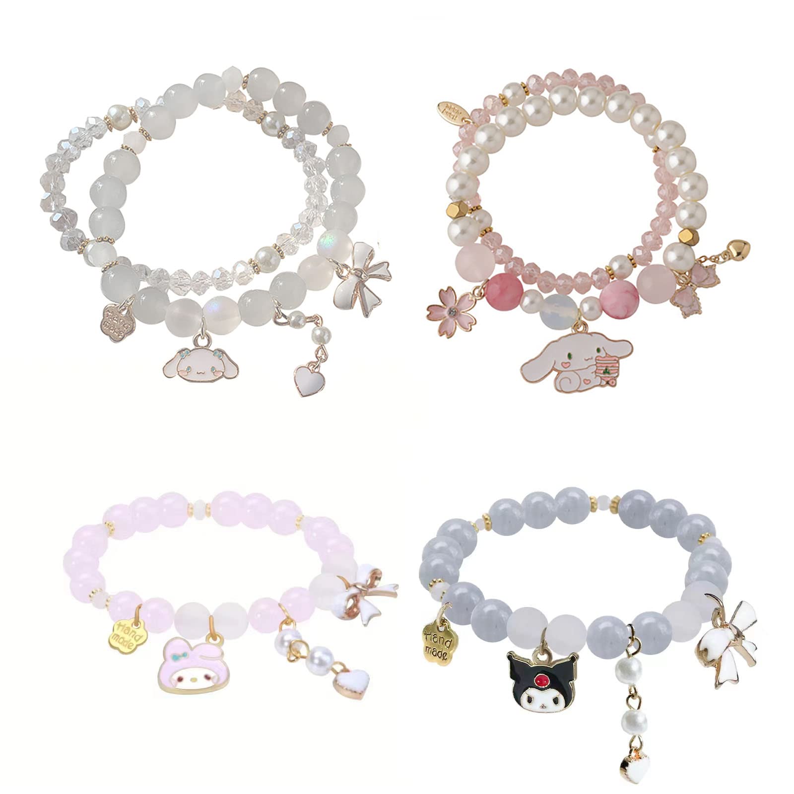 ANZWTLOYY Kawaii Crystal Beads & Pearl Bracelets Set - Cute Cartoon Elastic Beaded Friendship Bracelets for Girls Women - Perfect for Gifts, Parties, and Everyday Wear