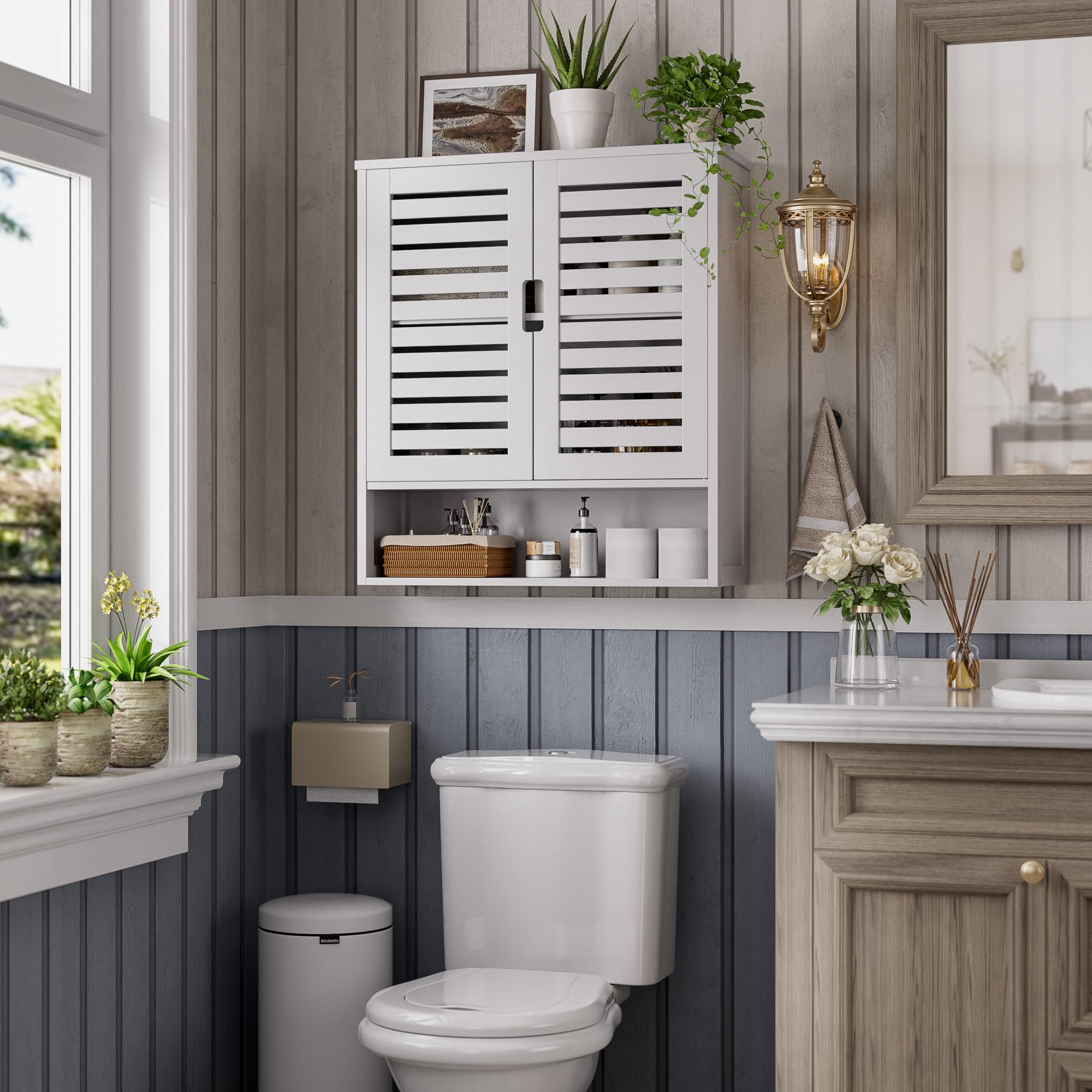 SMIBUY White Bamboo Over-The-Toilet Storage Cabinet - Wall Mounted Bathroom Organizer with 2 Doors & Adjustable Shelves for Medicine, Cosmetics & Toiletries - Perfect for Small Bathroom Space Saving Solutions