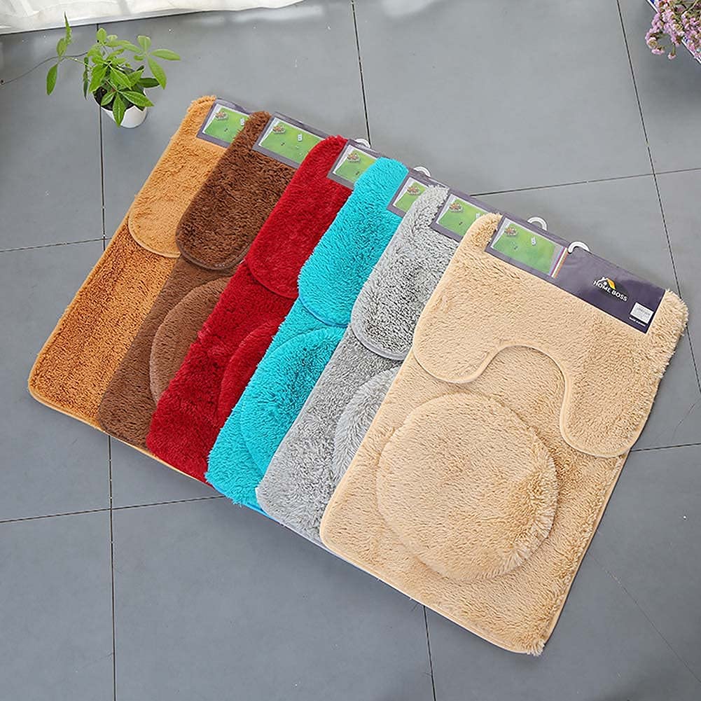 ESUPPORT 3-Piece Solid Color Bathroom Rug Set - Soft, Absorbent, Non-Slip Bath Mat & Toilet Lid Cover - Washable Brown - Perfect for Bathroom, Shower, and Toilet Area