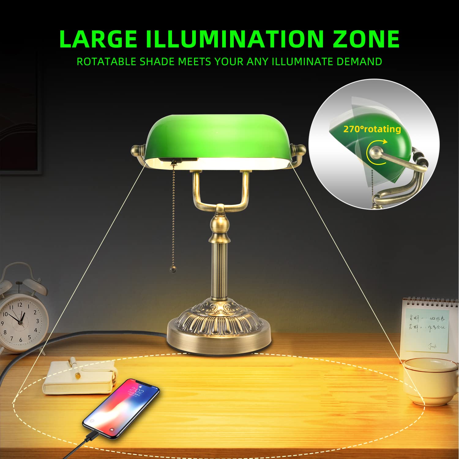 Vintage Green Glass Bankers Desk Lamp with USB Charging Port - Mid Century Farmhouse Style Pull Chain Table Lamp for Home Office, Study & Library - Perfect for Reading, Working & Decorating