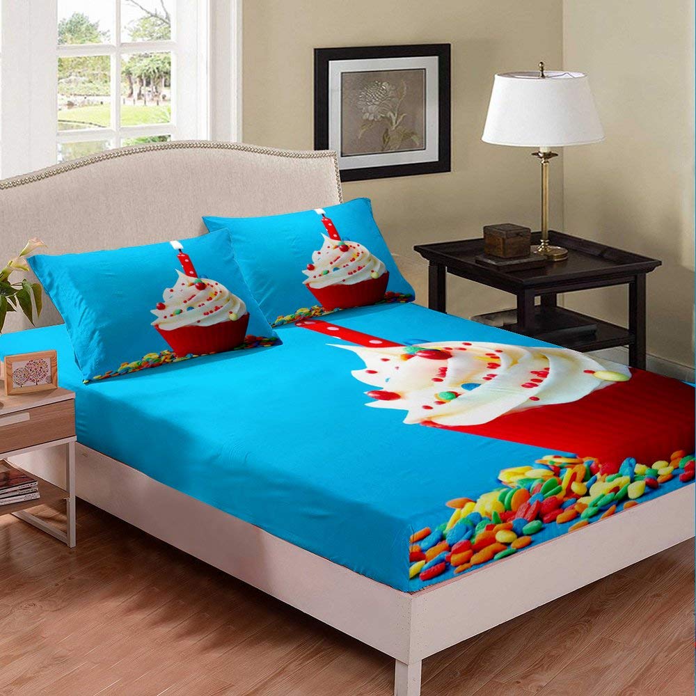 Happy Birthday Themed Deep Pocket Duvet Cover Set - 3D Cake & Candy Pattern Kids Bedding (1 Fitted Sheet + 2 Pillowcases) - Blue Base for Birthday Party Decorations & Children's Room