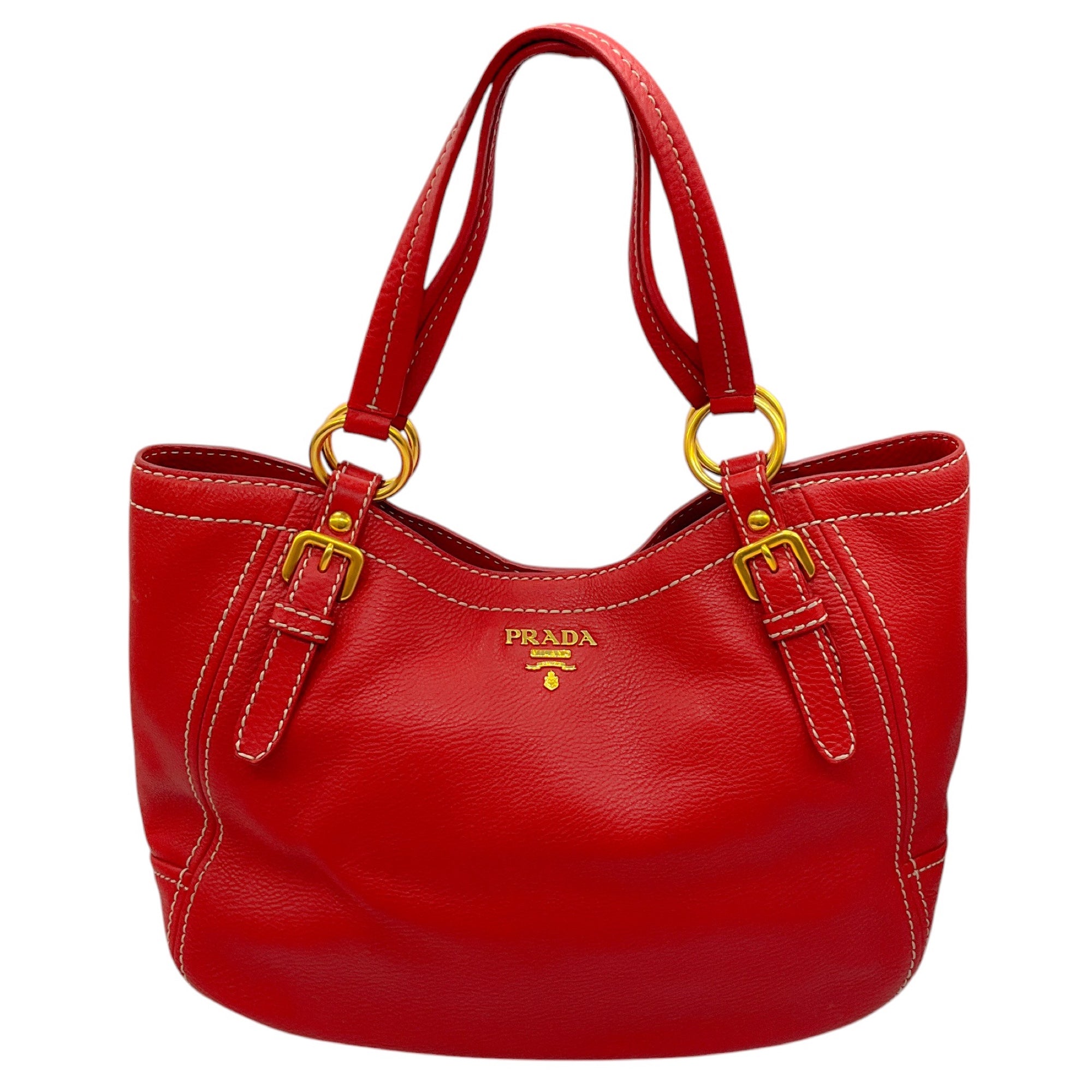 Prada Red Vitello Daino Leather Sacca Tote Handbag for Women - Luxury Designer Shoulder Bag for Work, Travel & Everyday Use