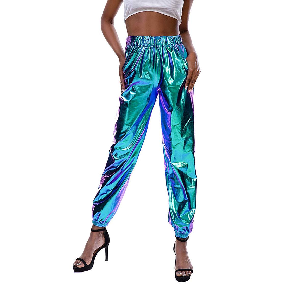 Kaipiclos Women's Reflective Sweatpants - Metallic Shiny Hip Hop Joggers with Holographic Design (Blue, XL) | Perfect for Gym, Running, Streetwear & Nightclub Outfits