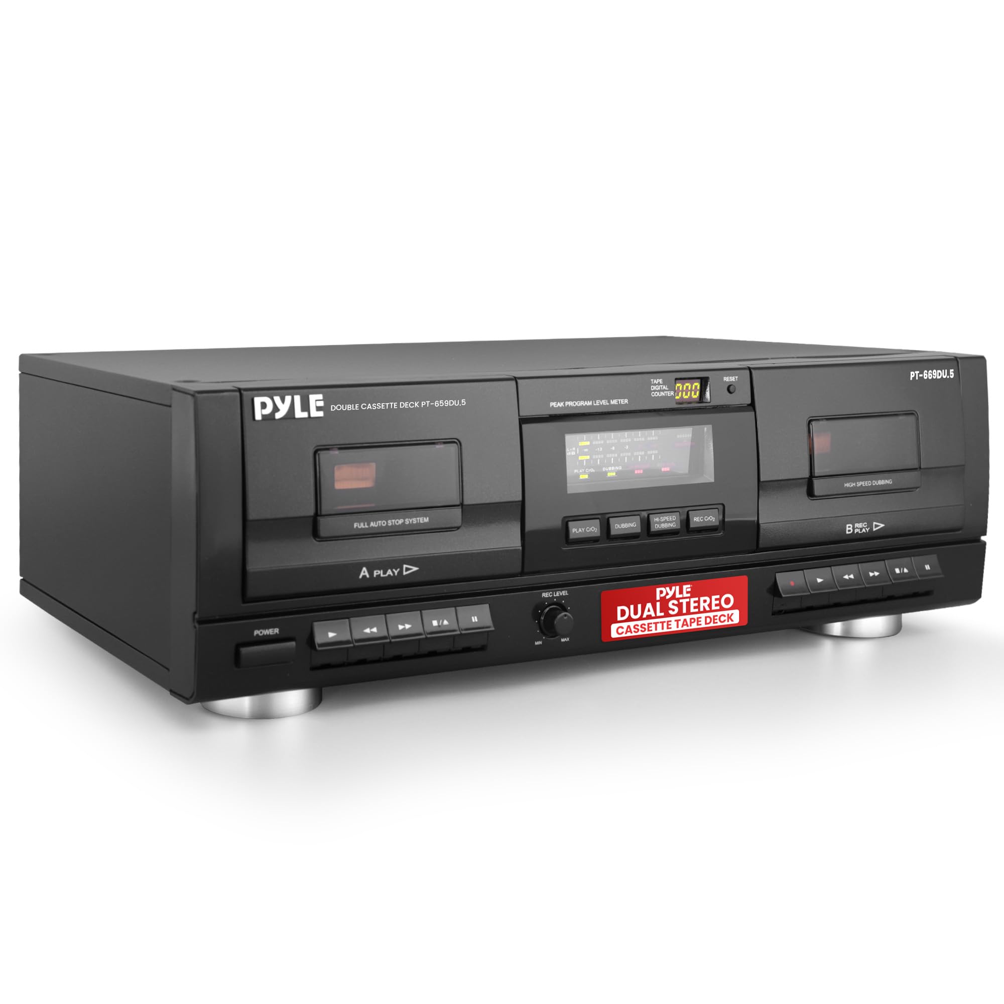 Pyle PT659DU Dual Stereo Cassette Tape Deck - High Fidelity Double Cassette Player Recorder with MP3 Converter, USB & RCA Inputs - Vintage Audio System for Recording, Dubbing & Digitizing Tapes (Standard/CrO2) - Perfect for Home Studio, Music Archiving & Retro Entertainment