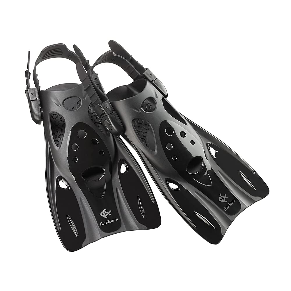 RF0106P Adjustable Open Heel Snorkel Fins for Kids & Adults - Compact Short Blade Swimming Flippers, Travel Size Snorkeling Gear for Beach, Pool & Water Sports