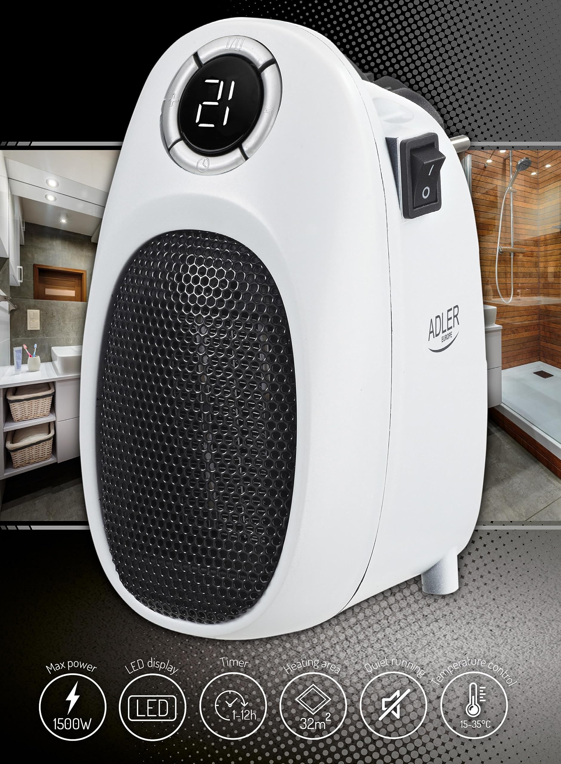 ADLER EUROPE Ceramic Mini Electric Heater - Portable, Energy Efficient 1500W with Adjustable Temperature & Timer - Perfect for Home, Office & Small Spaces
