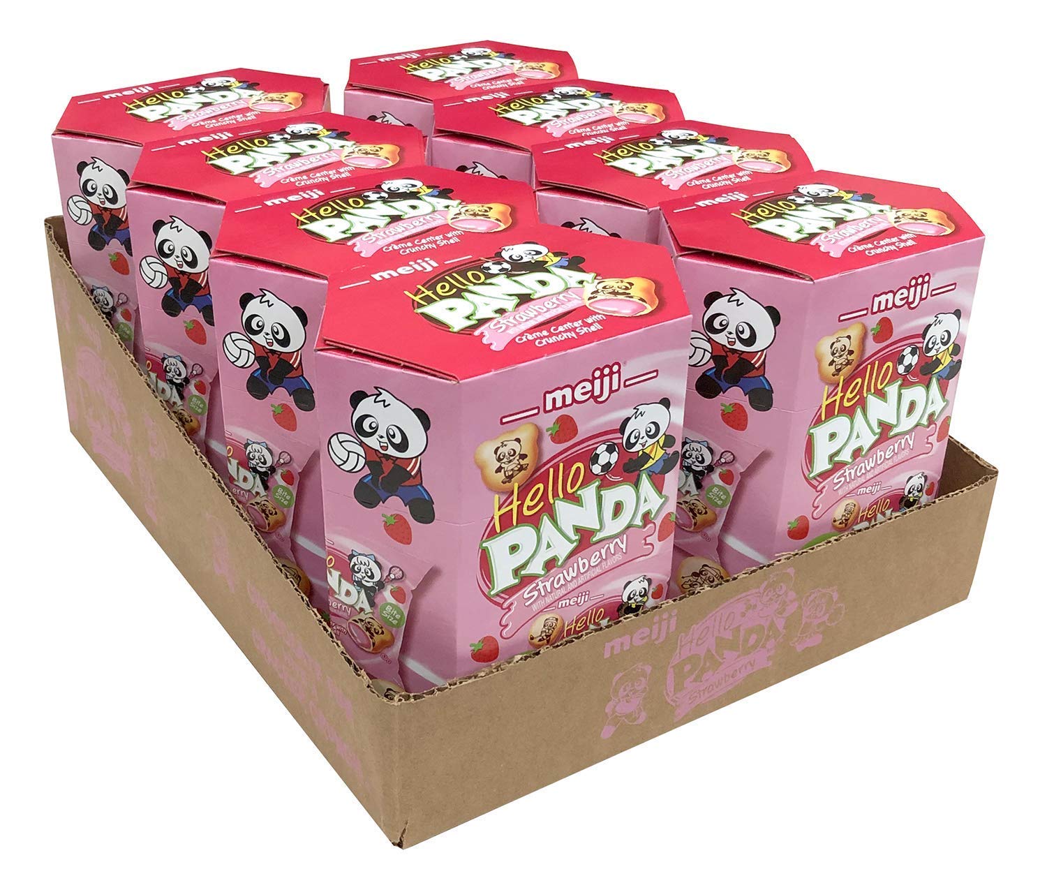 Meiji Hello Panda Strawberry Crème Filled Bite-Sized Cookies - 6oz (Pack of 8, 64 Bags Total) - Fun Panda Sports Design - Perfect for School Lunches, Snack Time & Party Favors