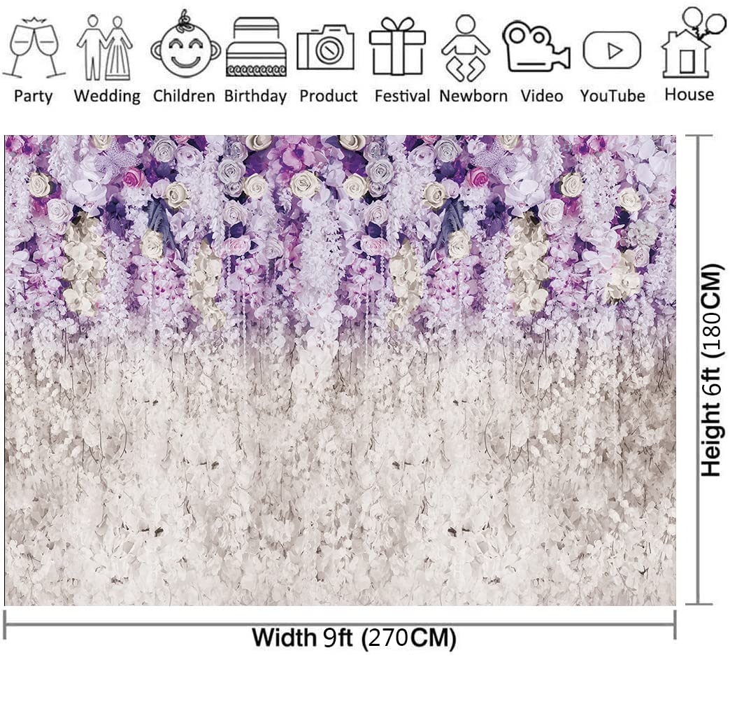 Purple and White Floral Vinyl Photography Backdrop - 9x6ft Wedding Bridal Shower Baby Shower Birthday Party Decor for Cake Table, Dessert Table & Photo Booth - DLA113C