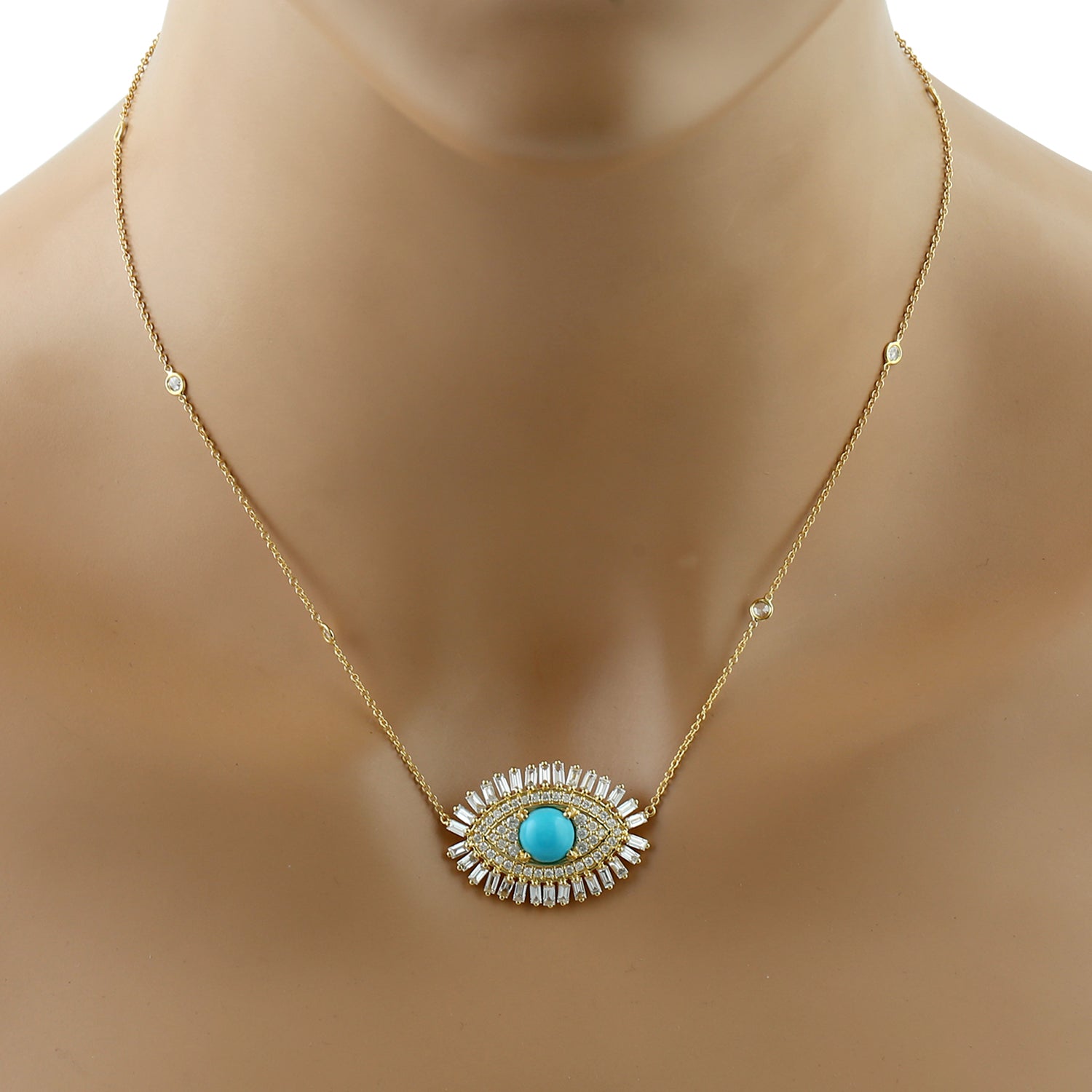 18K Yellow Gold Baguette Diamond Prong Turquoise Evil Eye Choker Necklace - Protection Jewelry for Women, Perfect Gift for Birthday & Anniversary