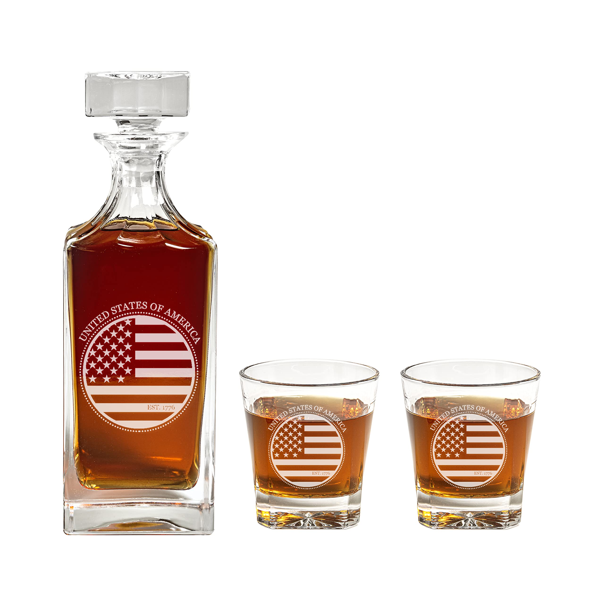 American Flag Decanter Set - 900ml Engraved Glass Decanter with United States Flag Design - Perfect for Whiskey, Bourbon & Scotch - Ideal Retirement Gift, Promotion Present & Military Appreciation Gift - Unique Patriotic Gifts for Men & Women - Great for Home Bars, Office Decor & Special Occasions