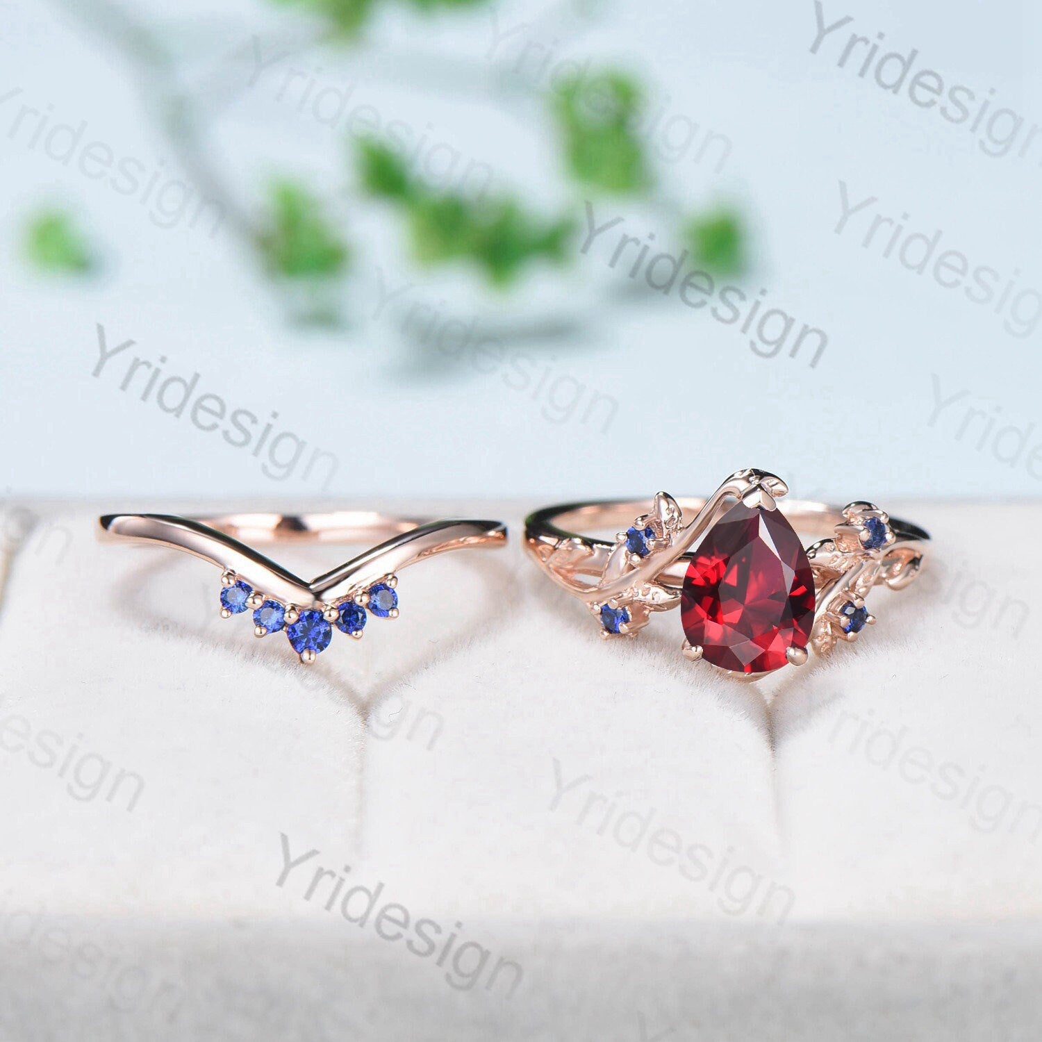 Vintage Nature-Inspired Pear Shaped Ruby Wedding Ring Set - Unique Lab-Created Ruby Engagement Ring with Leaf Cluster Design & Blue Sapphire Accents - Perfect for Women's Anniversary, Proposal, and Special Occasions