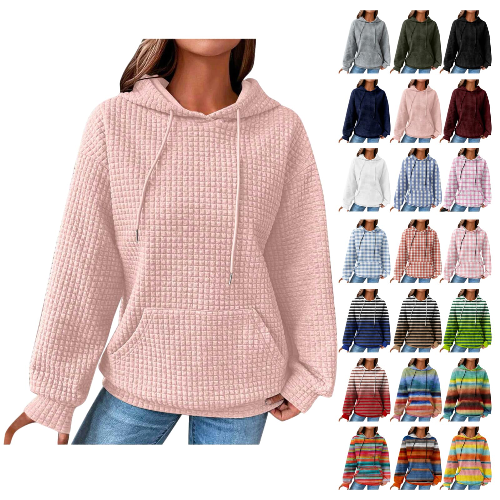 Women's Casual Waffle Knit Hooded Sweatshirt with Drawstring & Pockets - Soft Long Sleeve Pullover Hoodie for Lounge, Travel & Outdoor Activities