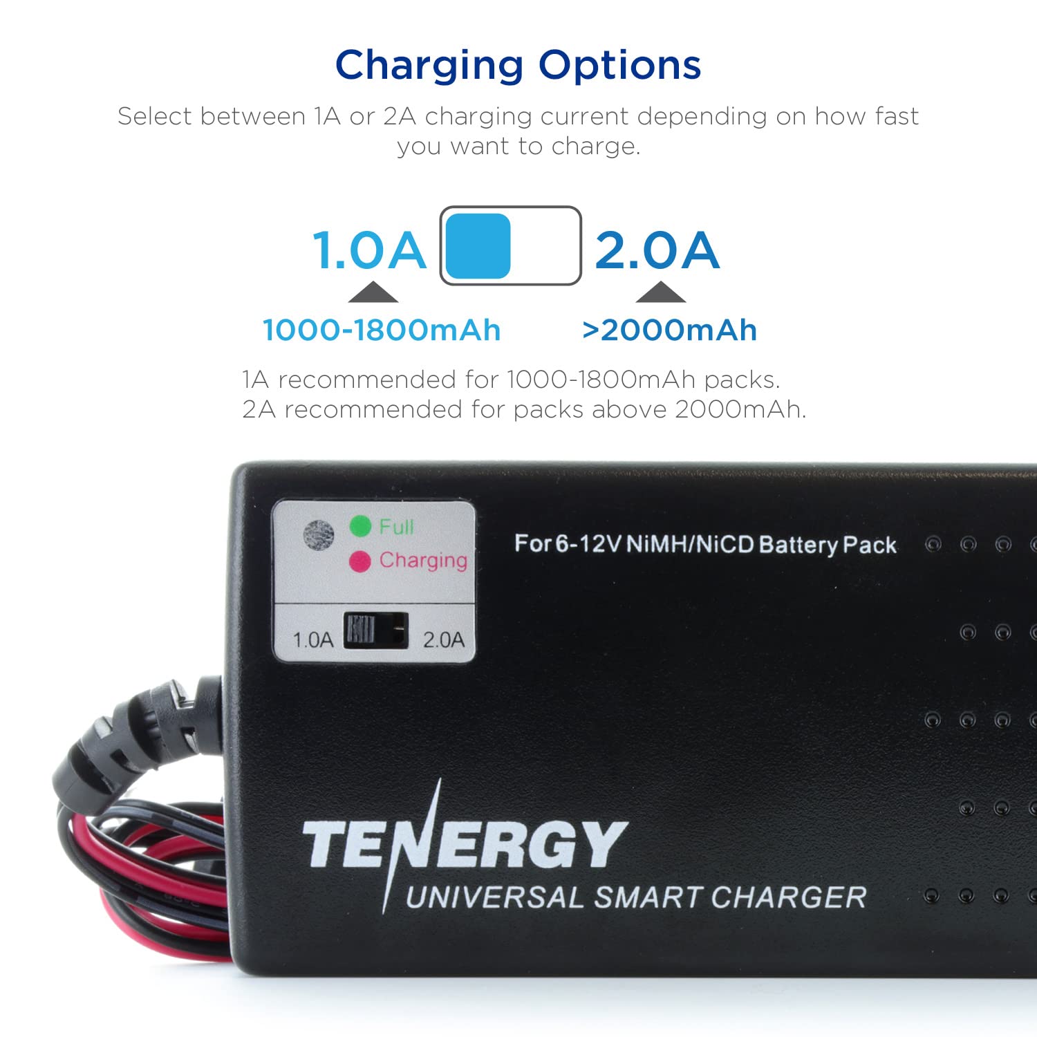 Tenergy Universal RC Battery Charger for NiMH/NiCd 6V-12V Battery Packs - 2A Fast Charger for RC Cars, Airsoft Batteries, Toys - Compatible with Tamiya/Mini Tamiya/Alligator Clips Connectors (Model 01025) - Perfect for Hobbyists, RC Enthusiasts & Airsoft Players