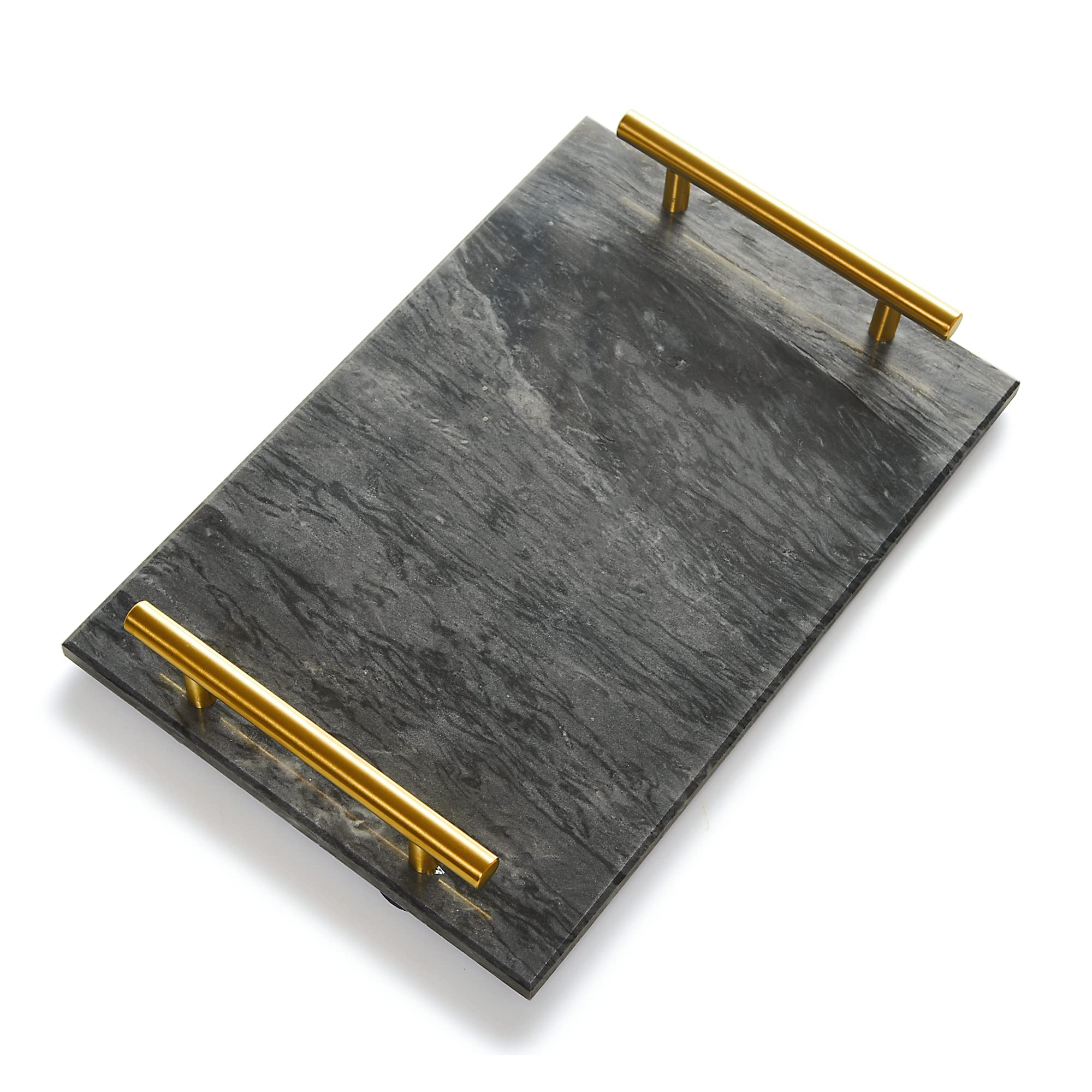 Natural Marble Tray with Gold Handle - Elegant Decorative Stone Tray for Bathroom, Kitchen, Vanity, Dresser & Nightstand - 11.8
