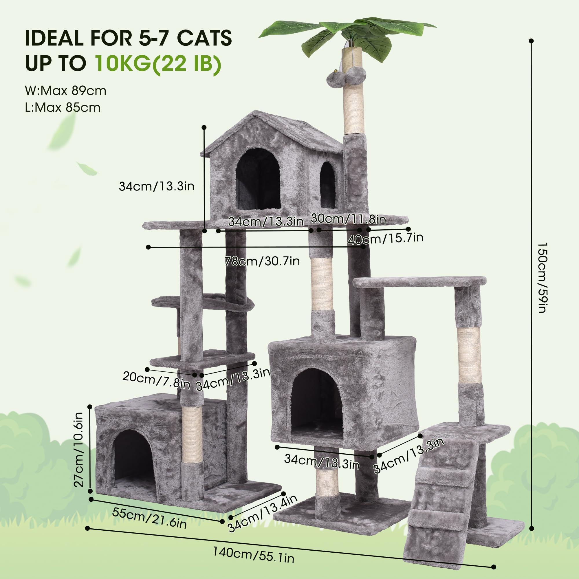 Premium Multi-Level Cat Tree with Scratching Posts & Plush Perches - Cat Activity Center Tower with Condo, Basket & Hammock - Durable Gray Cat Furniture for Kittens & Adult Cats - Perfect for Play, Rest & Climbing in Home or Office
