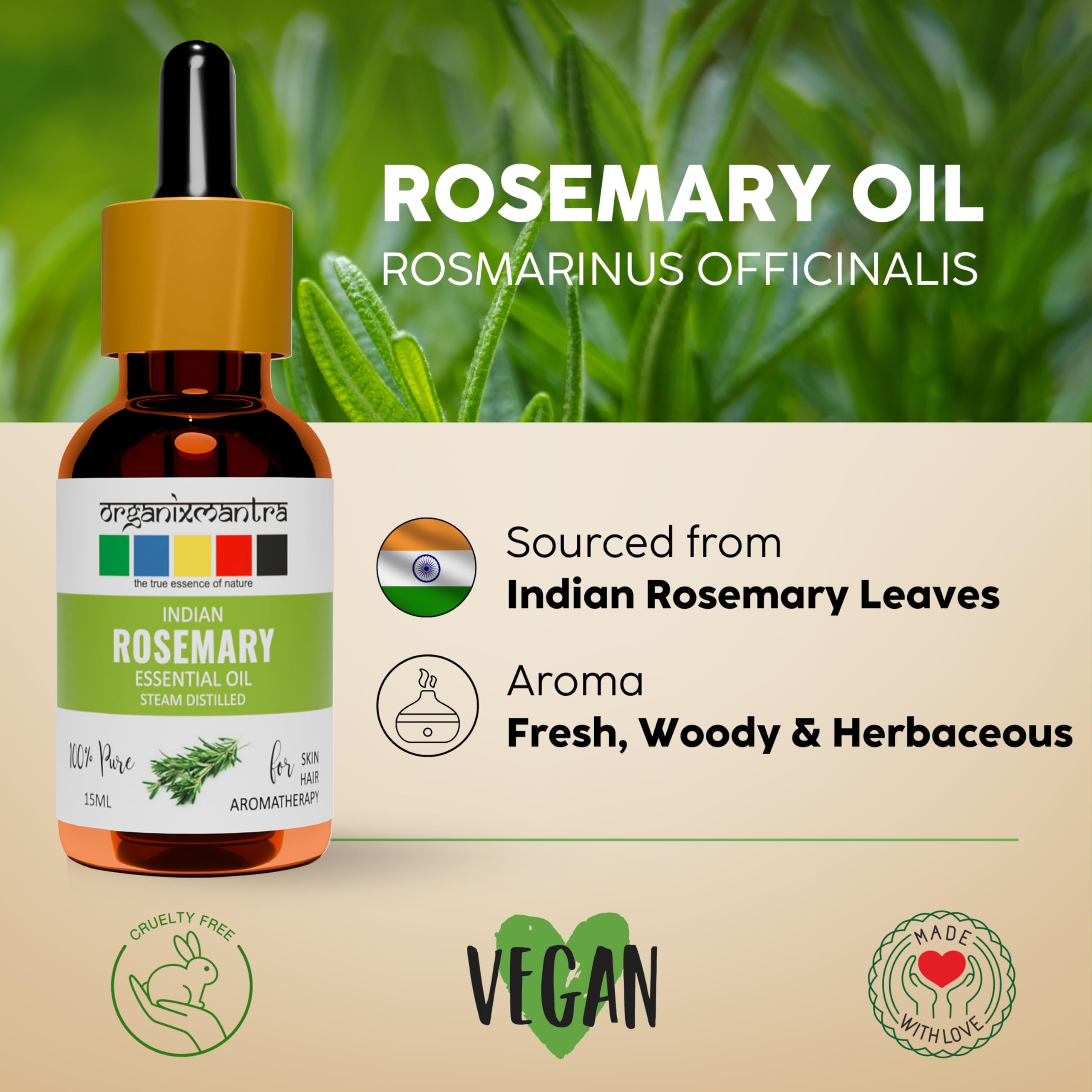 Organic Rosemary Essential Oil for Hair Growth & Skin Care - 100% Pure, Natural, Steam Distilled - 15ml Bottle - Perfect for Aromatherapy, DIY Beauty Products & Relaxation