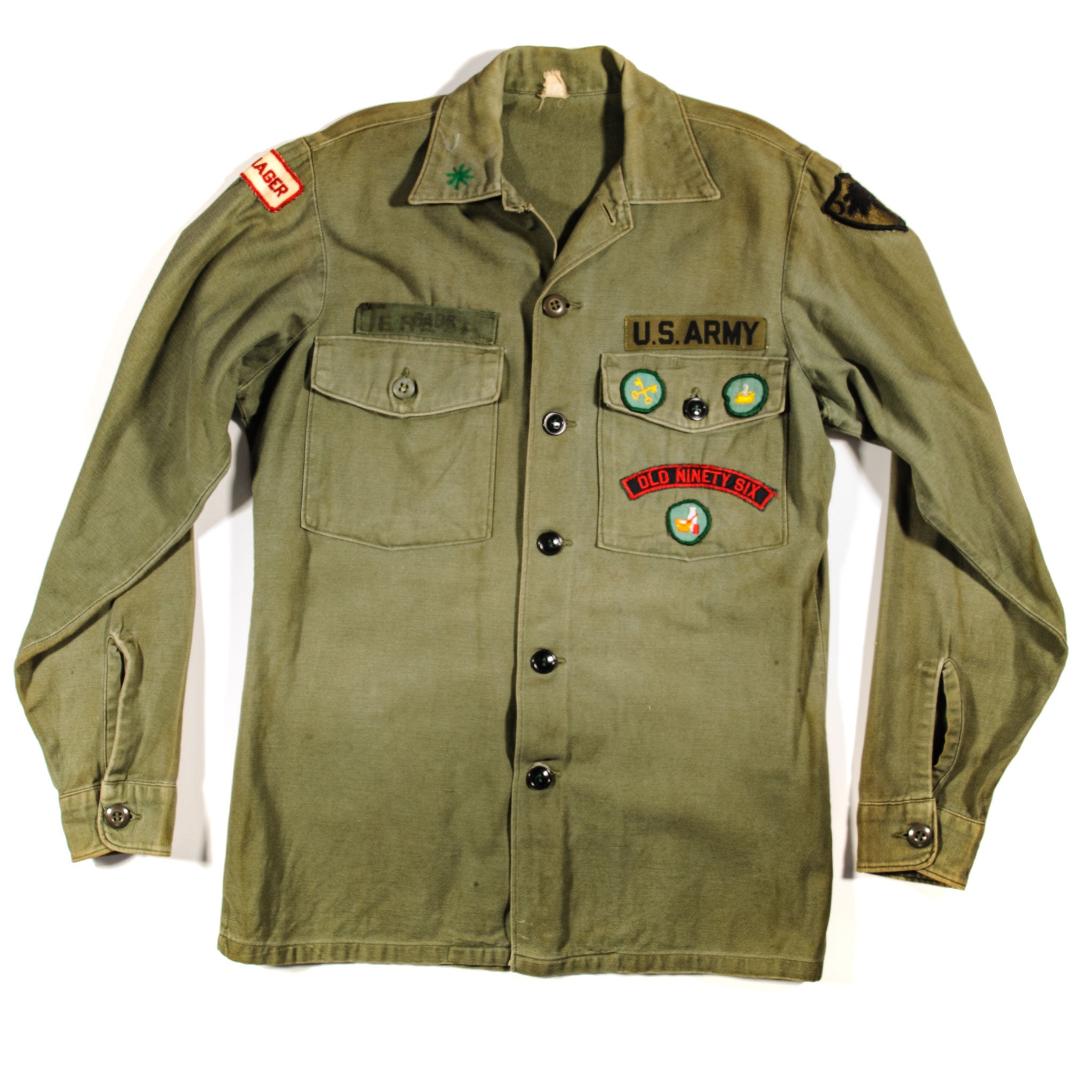 Vintage 1967 US Army Utility Shirt P64 with South Carolina National Guard Old Ninety Six Manager Patch - Authentic Military Surplus for Collectors & Reenactments