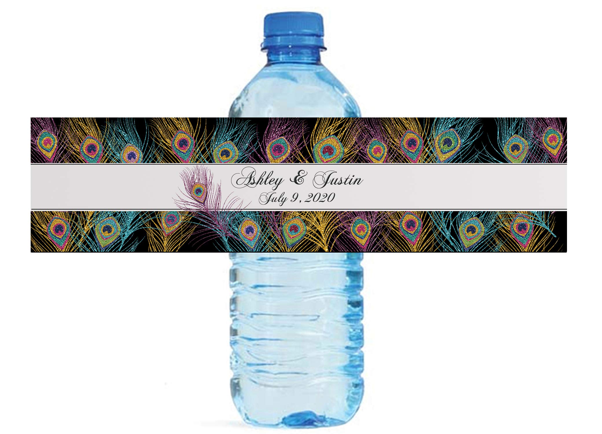 Black Peacock Feather Water Bottle Labels for Weddings & Parties