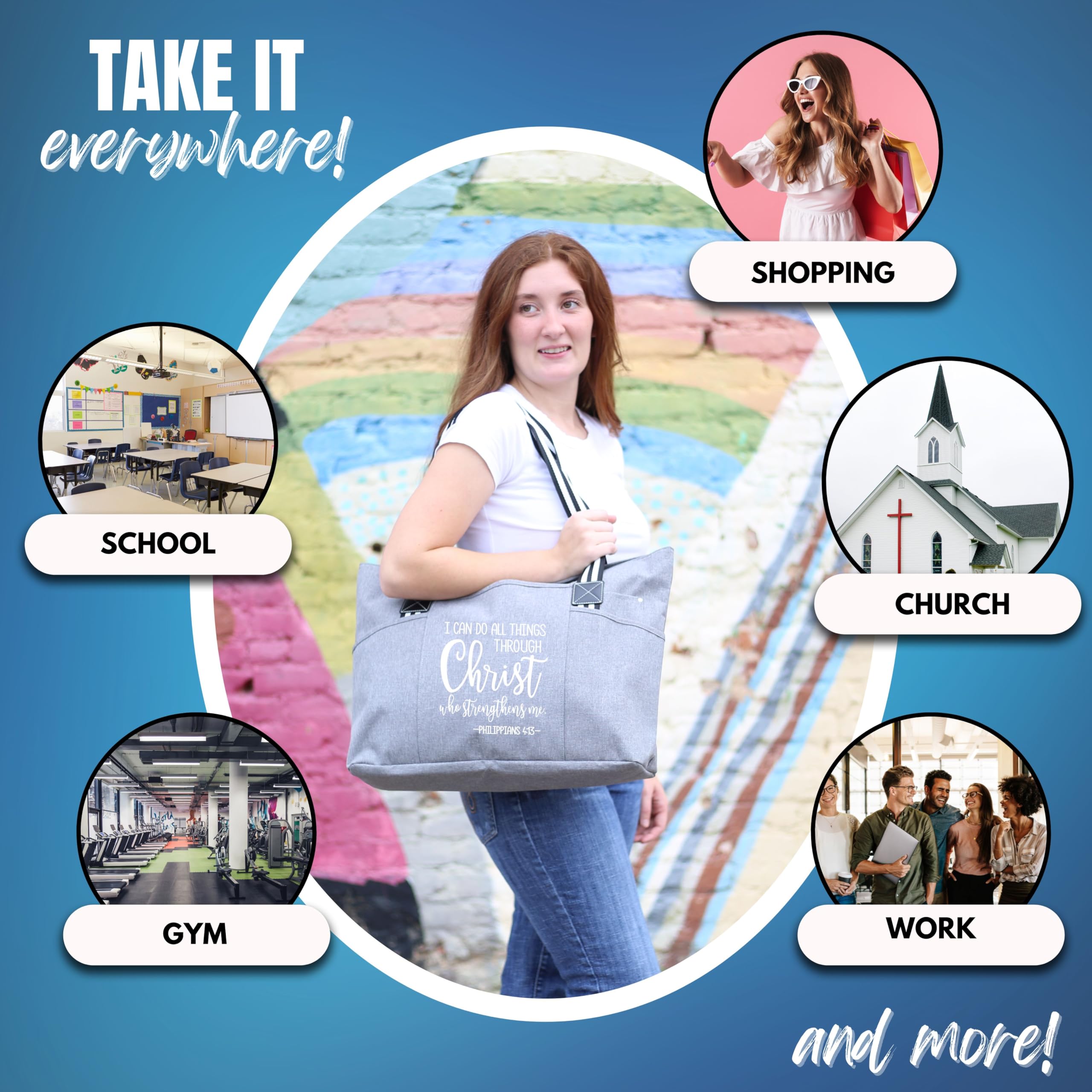 Brooke & Jess Designs Large Zippered Inspirational Tote Bags for Women - Christian Gift Ideas - Perfect for Church, Bible Study & Daily Use