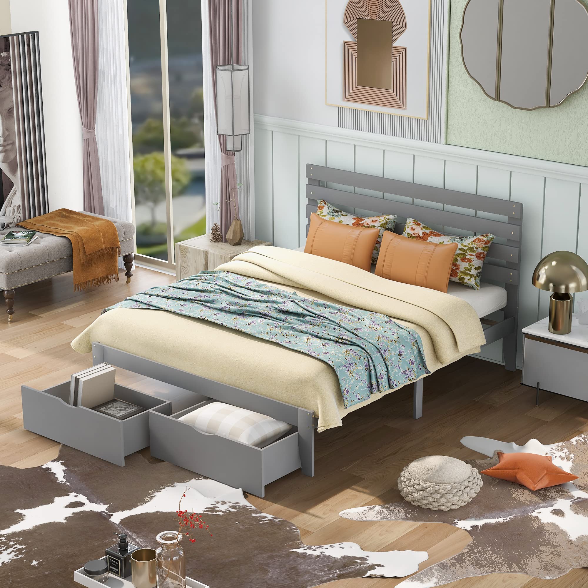 Queen Size Bed Frame with Storage Drawers, Solid Wood Platform Bed with Headboard - No Box Spring Needed, Wood Slat Support - Perfect for Master Bedroom, Guest Room or Small Space Living