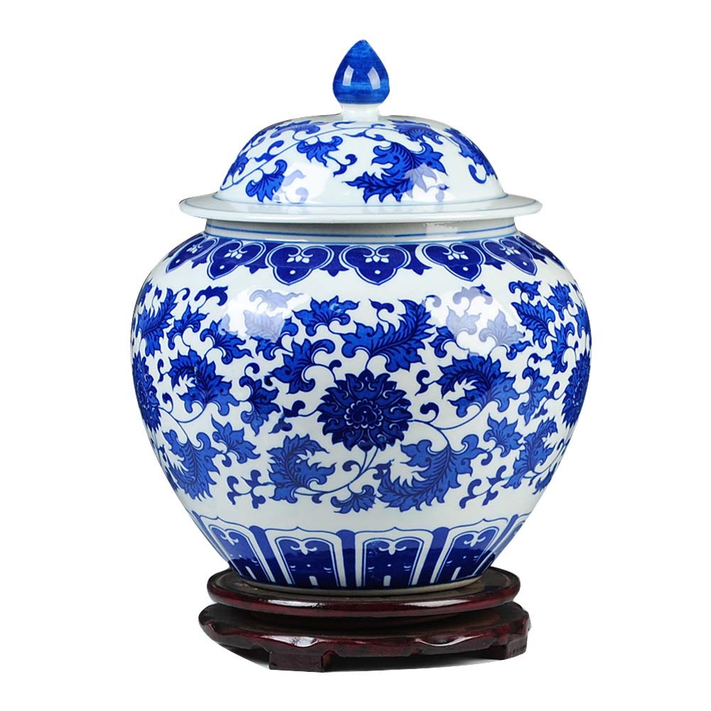 Blue and White Classic Ceramic Jar Vase - Traditional Chinese Porcelain Flower Vase with Base - Antique Home Decor Centerpiece (H30cm x W25cm) - Perfect for Living Room, Dining Table, and Wedding Decorations