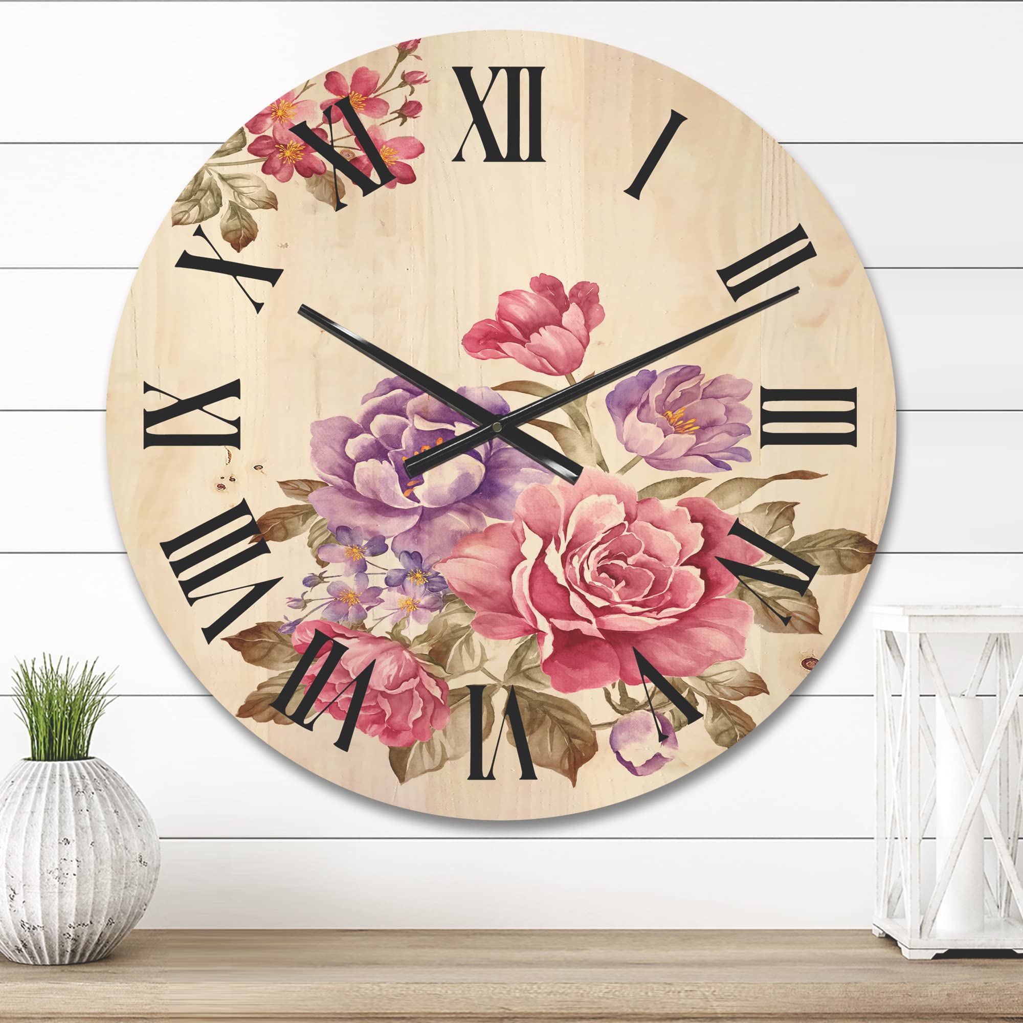 Farmhouse Wood Wall Clock - Large Decorative Floral & Botanical Wall Art with Purple and Pink Flowers - Oversized Rustic Wooden Clock for Living Room, Bedroom, Kitchen & Office Décor