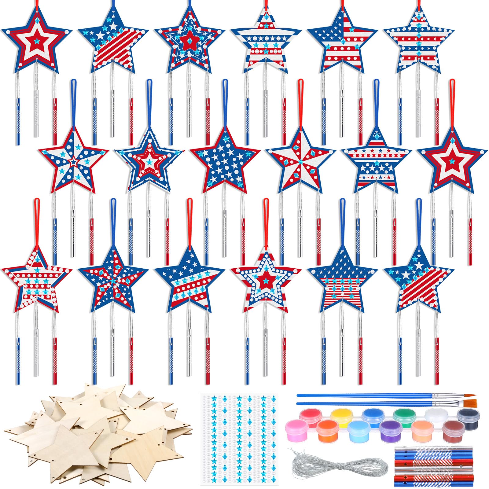 Sheroll 30 Pack Memorial Day Star Wind Chime Kit - Patriotic DIY Craft for 4th of July, Veterans Day & Independence Day - Wooden Wind Bell Decorations - USA Flag Art Ornaments for Outdoor Garden, Porch, Party & Home Decor
